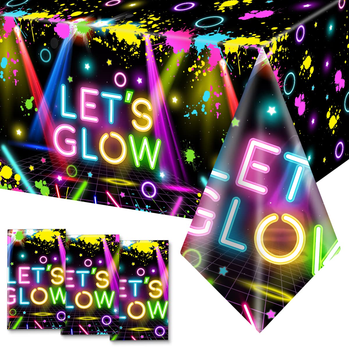 HAKOTI 3Pack Glow Tablecloth,Glow Party Supplies Neon Glow Birthday Rectangle Table Cover Let's Glow Tablecloth for Glow in The Dark,Let's Glow Party Decoration