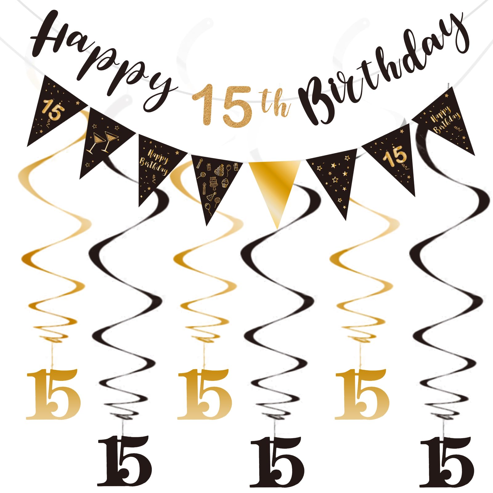 BRT Bearingshui 15th Birthday Decoration Kit for Boys Girls, Happy 15th Birthday Banner Bunting Swirls Streamers, Triangle Flag Banner for Birthday Party Decorations Supplies Black and Gold 15th