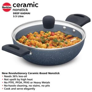 HAWKINS Ceramic Nonstick 3.5 Litre Deep Kadhai, Induction Deep Fry Pan with Glass Lid, Granite Kadai (ICK35G)