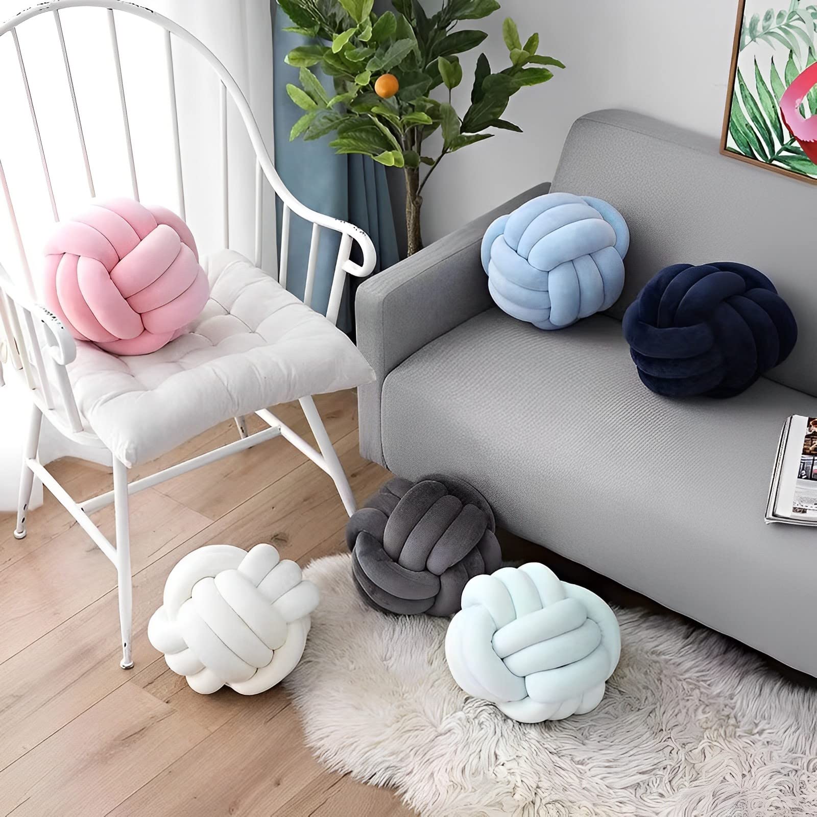 KEBAIHUA Knot Ball Pillows, Round Throw Pillow Cushion Home Decoration Soft Plush Pillow, Throw Knotted Ball Pillow Handmade Children Room Decoration Round Plush Toy Pillow (Dark Grey,8.5"/22cm)