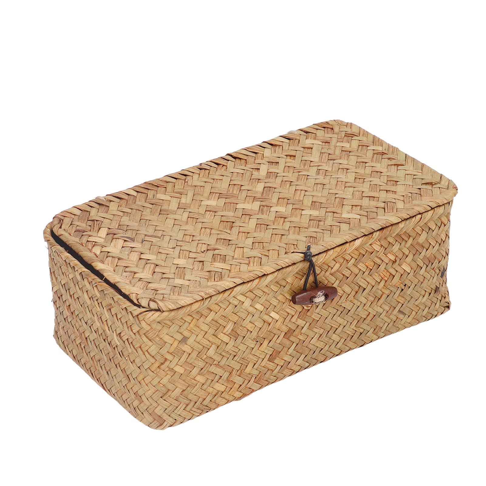 LAVEN Woven Rectangular Basket Bins, Simple Seagrass Storage Basket with Lid for Office (M)