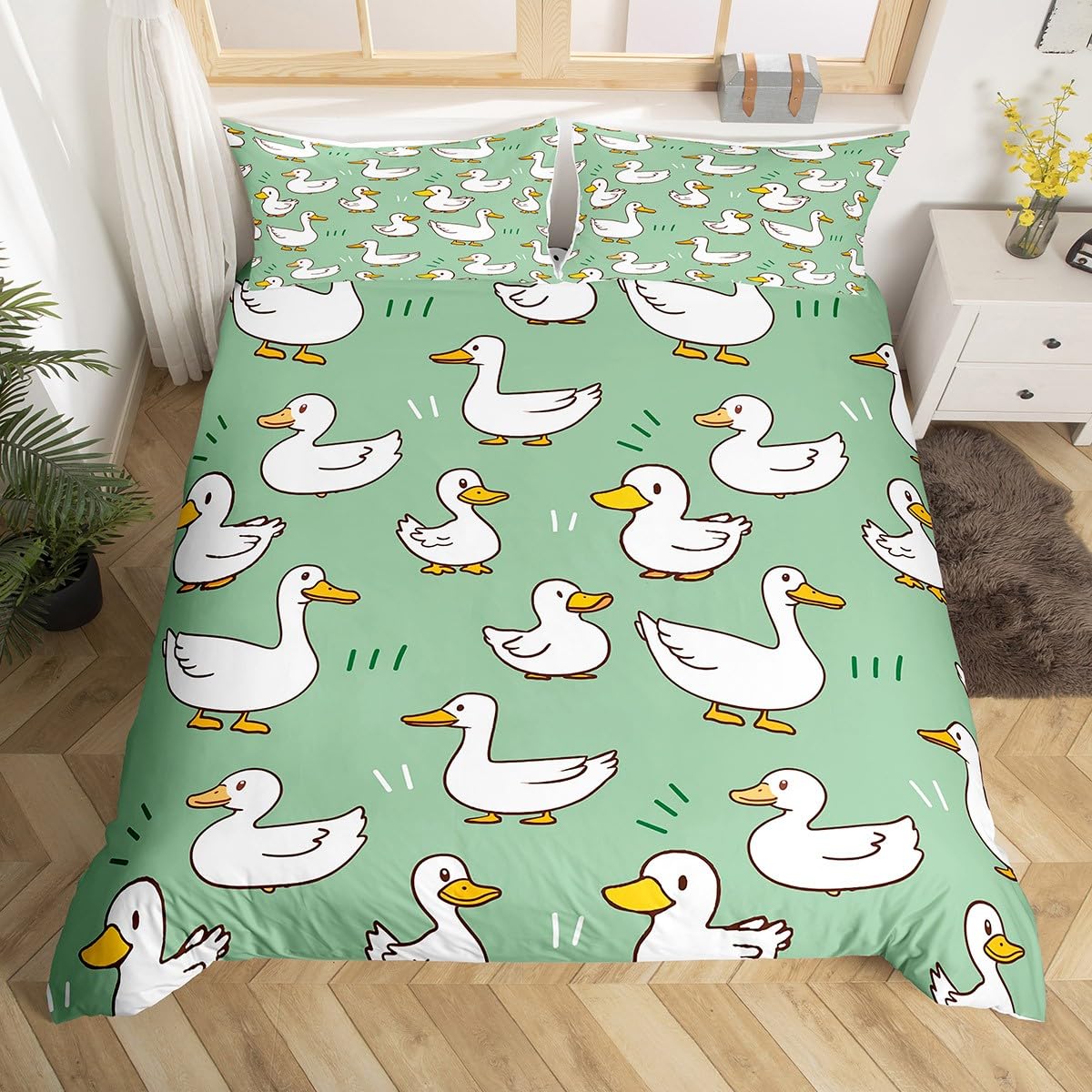 Erosebridal Kawaii White Goose Duvet Cover for Kids Boys Girls,Cartoon Bedding Set,Farm Animal Comforter Cover King Size,Country Duck Bed Sets with 2 Pillowcases Bedroom Decor