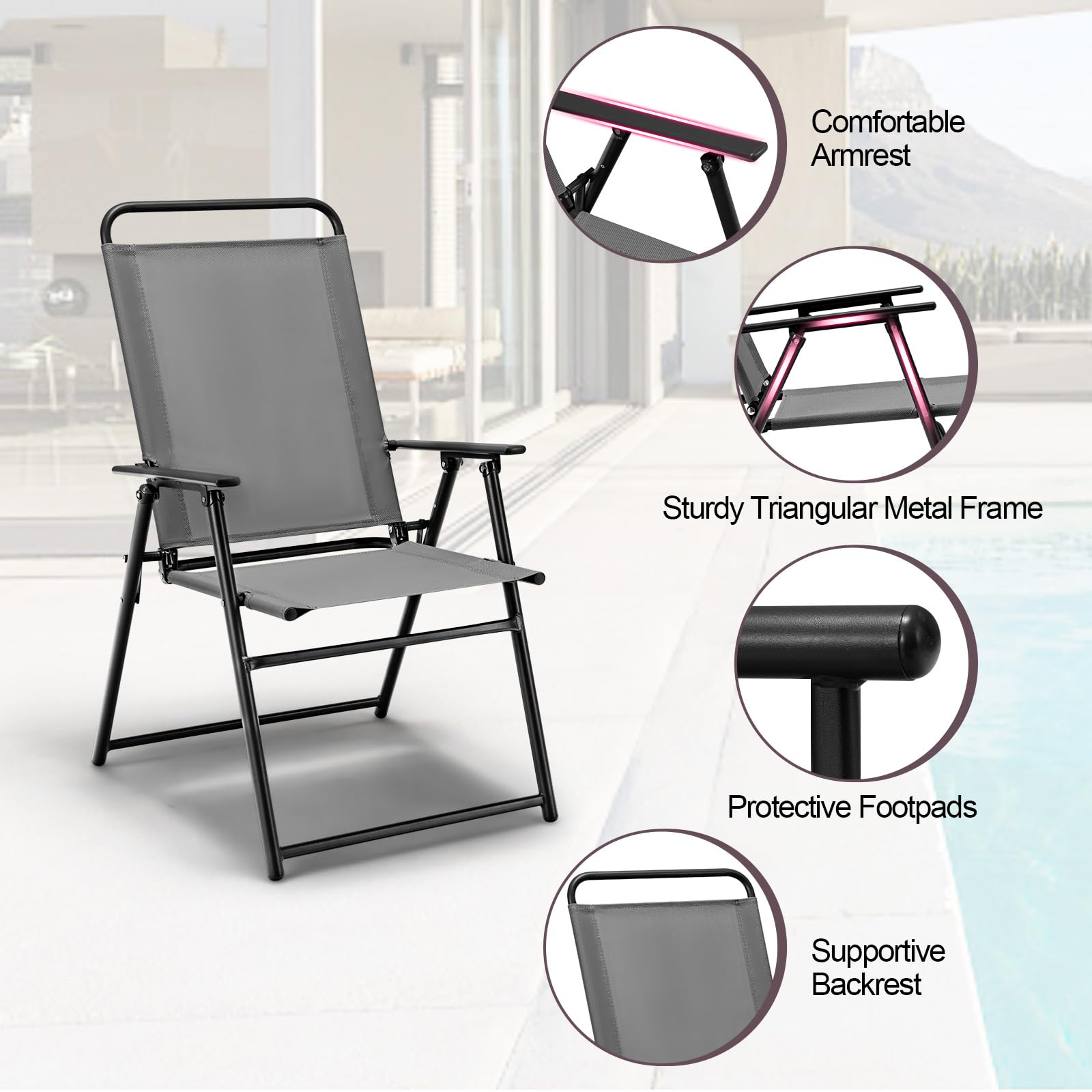 Tangkula Patio Folding Dining Chairs Set of 4, Space-Saving Outdoor Sling Chairs with Armrest & Backrest, Triangular Frame, Footpads, Outdoor Patio Chairs for Balcony, Garden, Poolside (Gray)