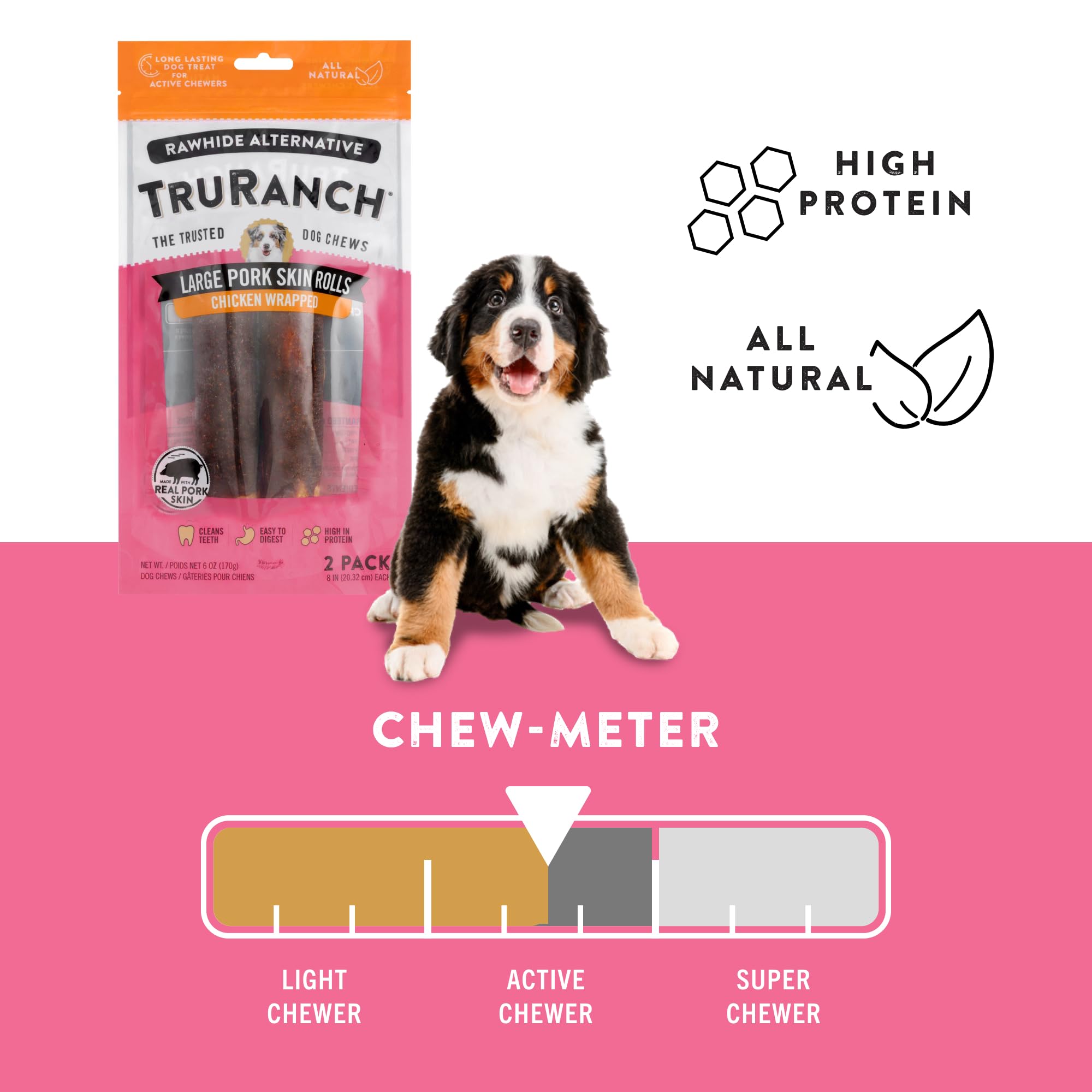 TRURANCH Large Pork Skin Rolls, Chicken-Wrapped Jerky, Made with Real Pork Skin, Rawhide Alternative, Healthy Dog Chews, 1 Bag, 2 Count