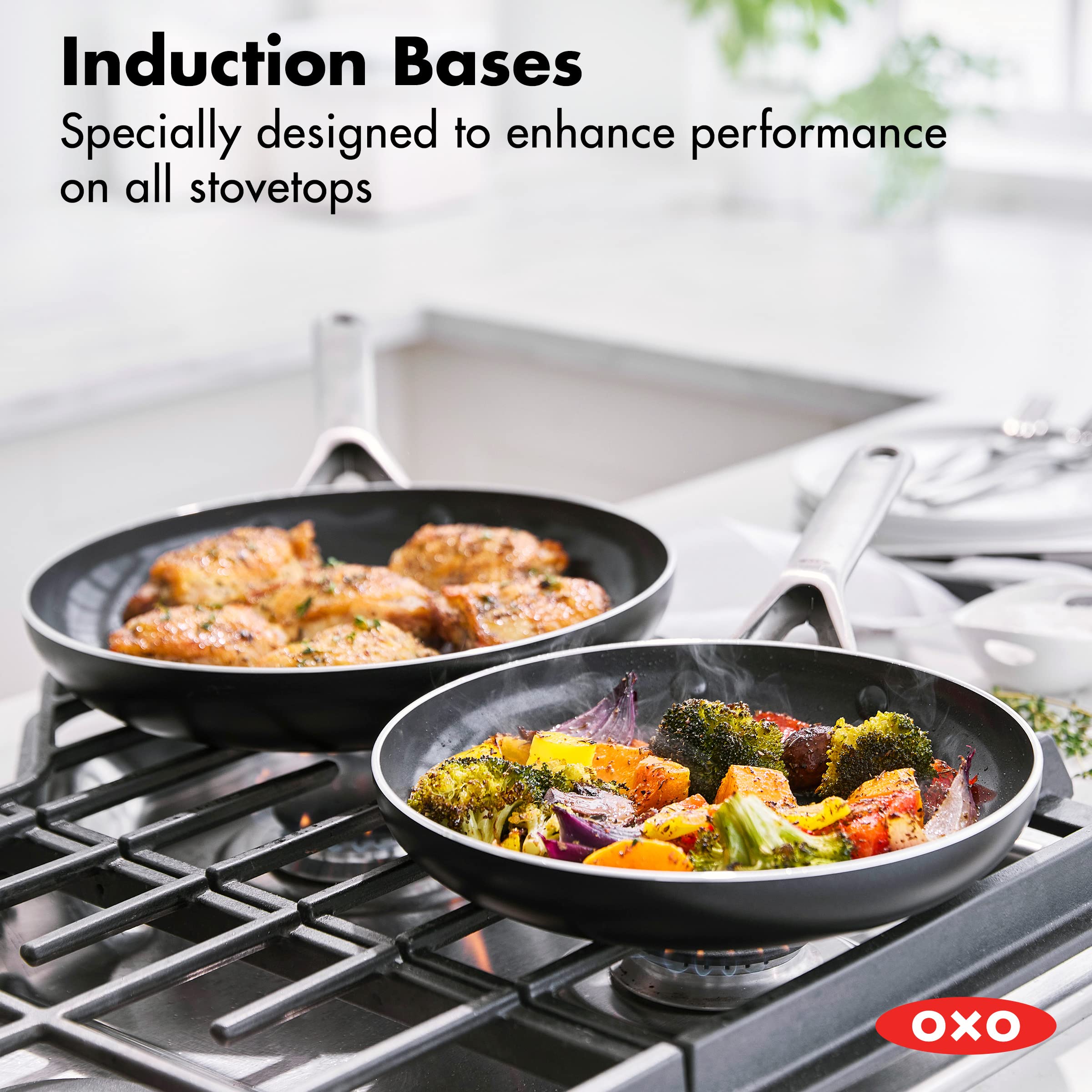 OXO Agility Series 9.5" and 11” Frying Pan Skillet Set, Ceramic Nonstick Cookware PFAS-Free Induction Suitable Quick Even Heating, Stainless Steel Handle, Chip-Free Rims Dishwasher and Oven Safe Black