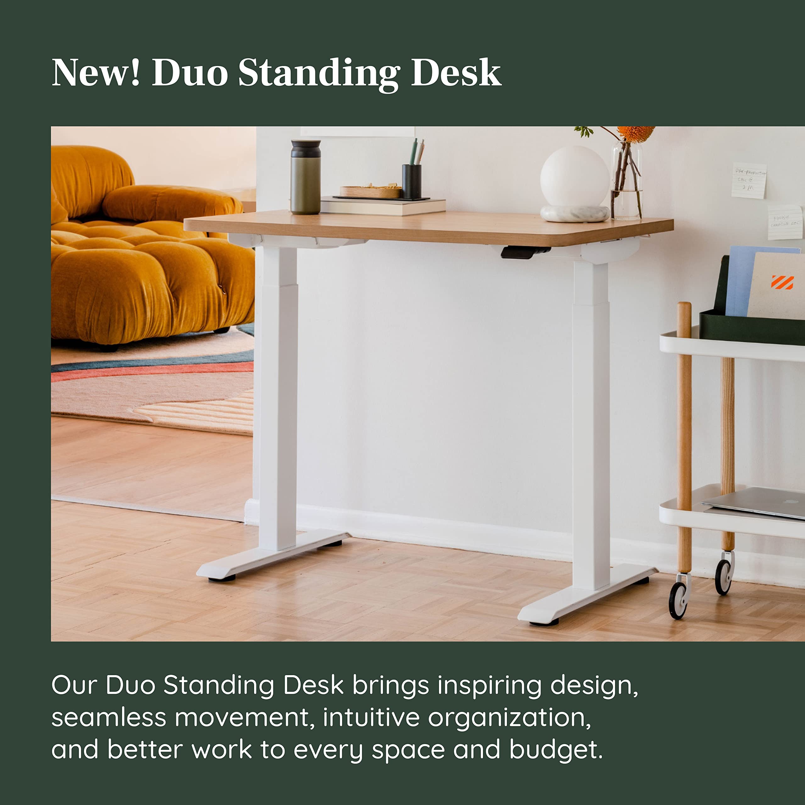 Branch Duo Standing Desk 36 Inches - Adjustable Standing Desk with 20” Range - OLED Control Panel - Frameless Design & Compact Size Suitable for Many Spaces - White Base - Woodgrain Top