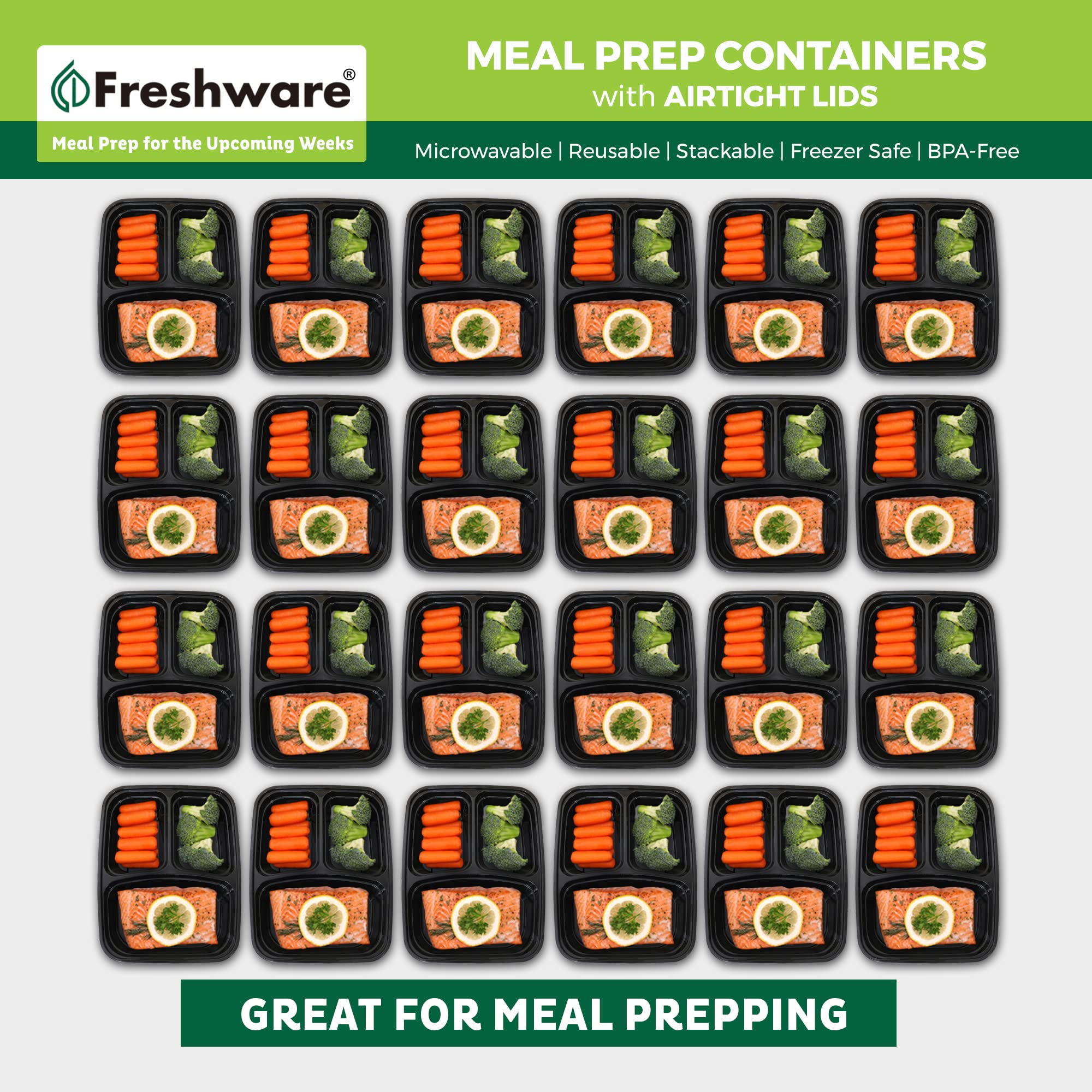 Freshware Meal Prep Containers with Lids [15 Pack] 3 Compartment, Food Storage Containers, Bento Box, BPA Free, Stackable, Microwave/Dishwasher/Freezer Safe (32 oz)