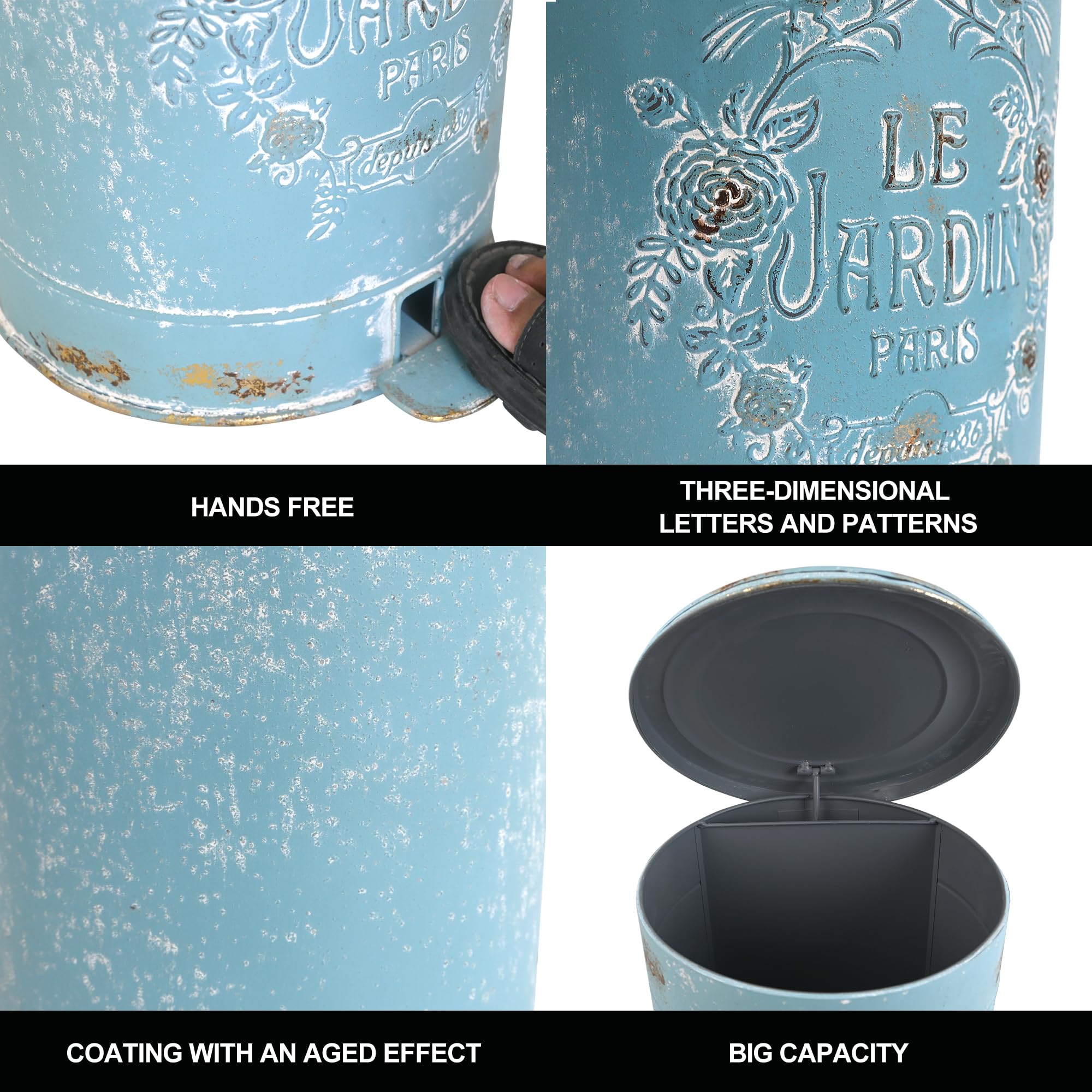 Z&Z ornamentorum Blue Trash Can 4.5 Gallon Retro Kitchen Trash Can with Lid and Pedal Round Touchless Garbage Cans with Flower and Bird Patterns Outdoor Trash Can for Kitchen Park Garden