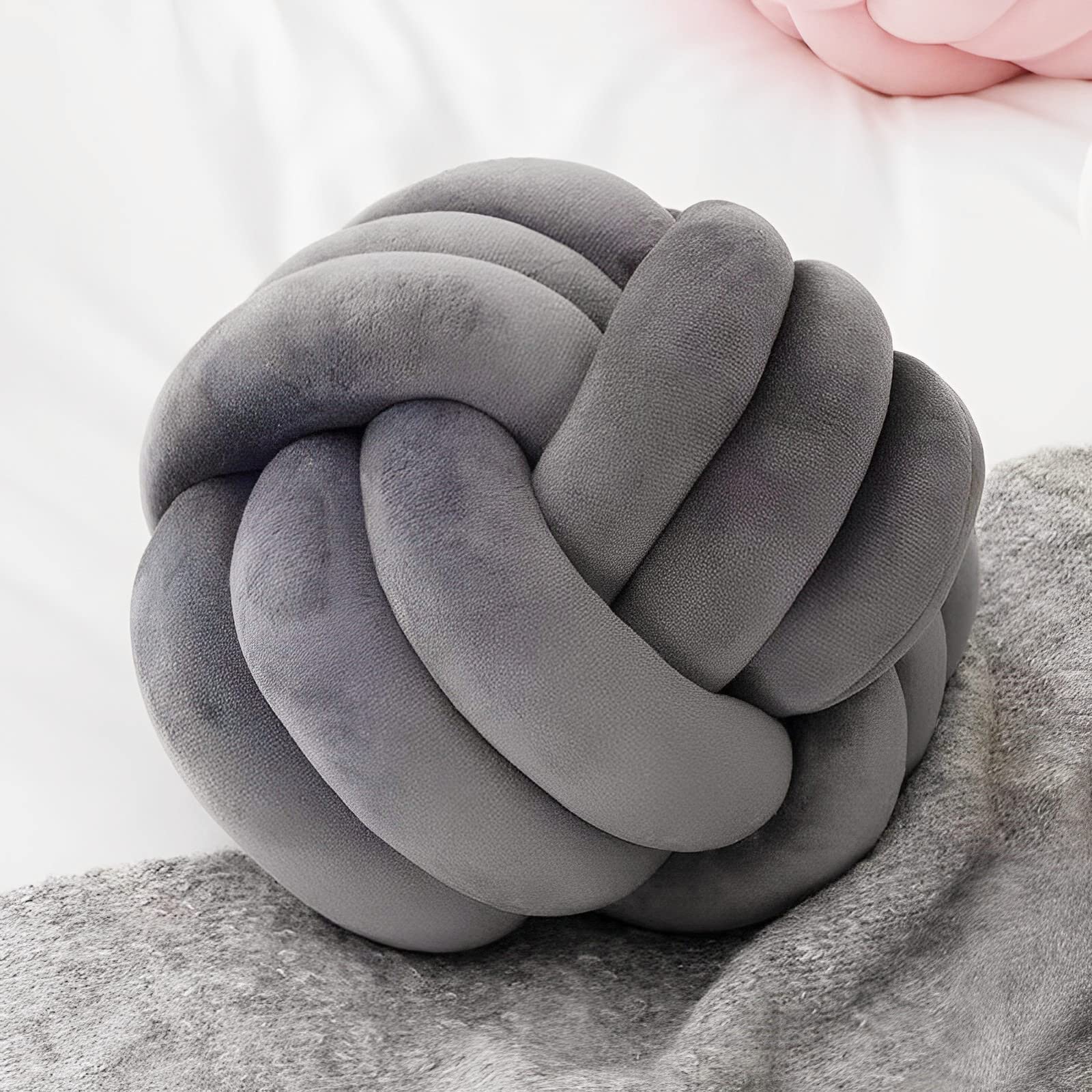 KEBAIHUA Knot Ball Pillows, Round Throw Pillow Cushion Home Decoration Soft Plush Pillow, Throw Knotted Ball Pillow Handmade Children Room Decoration Round Plush Toy Pillow (Dark Grey,8.5"/22cm)