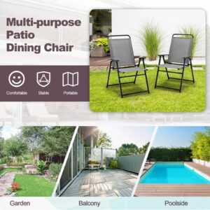 Tangkula Patio Folding Dining Chairs Set of 4, Space-Saving Outdoor Sling Chairs with Armrest & Backrest, Triangular Frame, Footpads, Outdoor Patio Chairs for Balcony, Garden, Poolside (Gray)