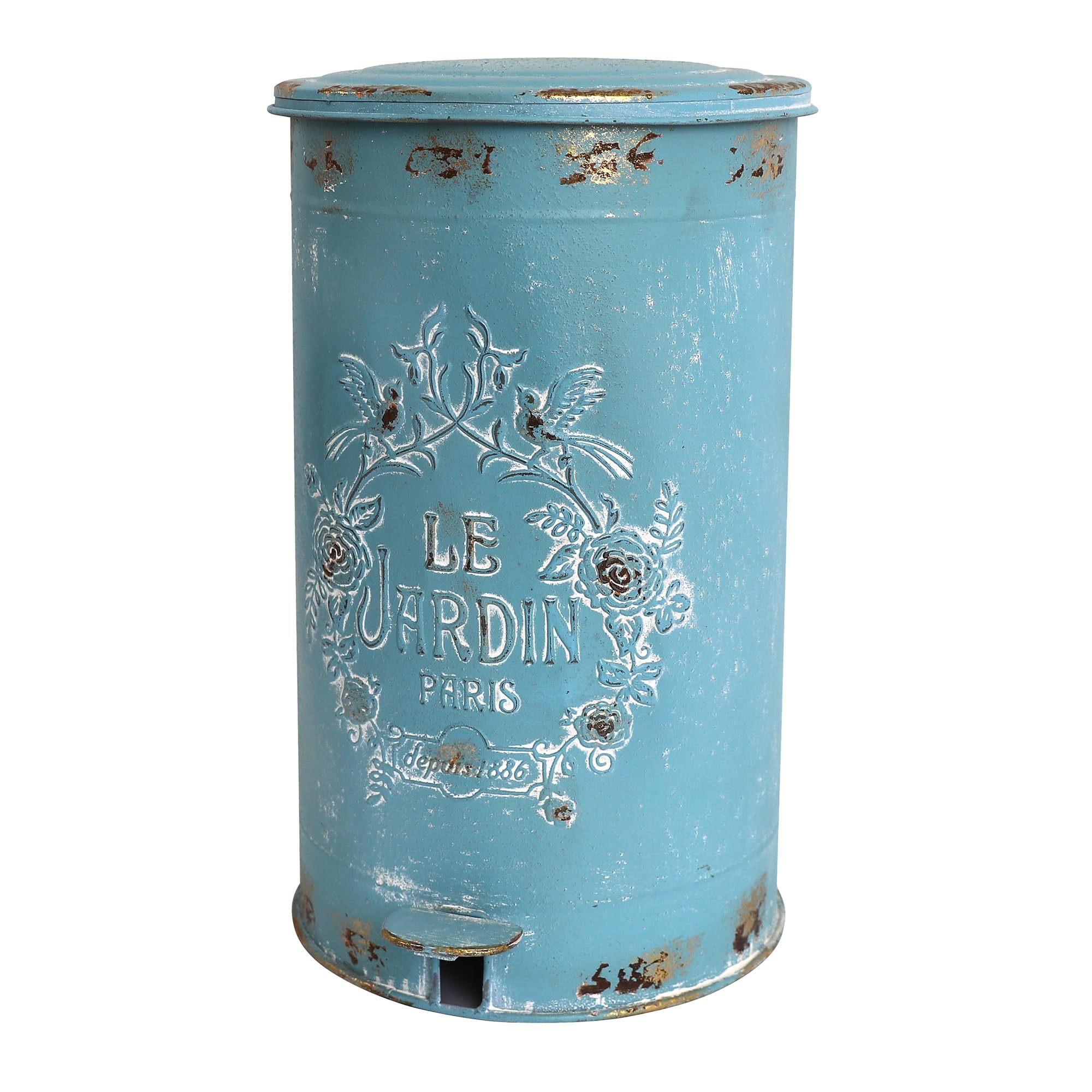 Z&Z ornamentorum Blue Trash Can 4.5 Gallon Retro Kitchen Trash Can with Lid and Pedal Round Touchless Garbage Cans with Flower and Bird Patterns Outdoor Trash Can for Kitchen Park Garden