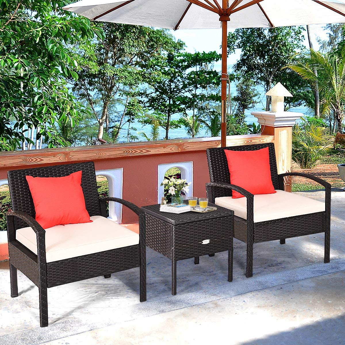 HAPPYGRILL 3 Pieces Patio Furniture Set Rattan Wicker Sofa Set with Removable Cushions and Coffee Table, Outdoor Conversation Bistro Chairs Set with Storage Table for Garden Poolside Balcony