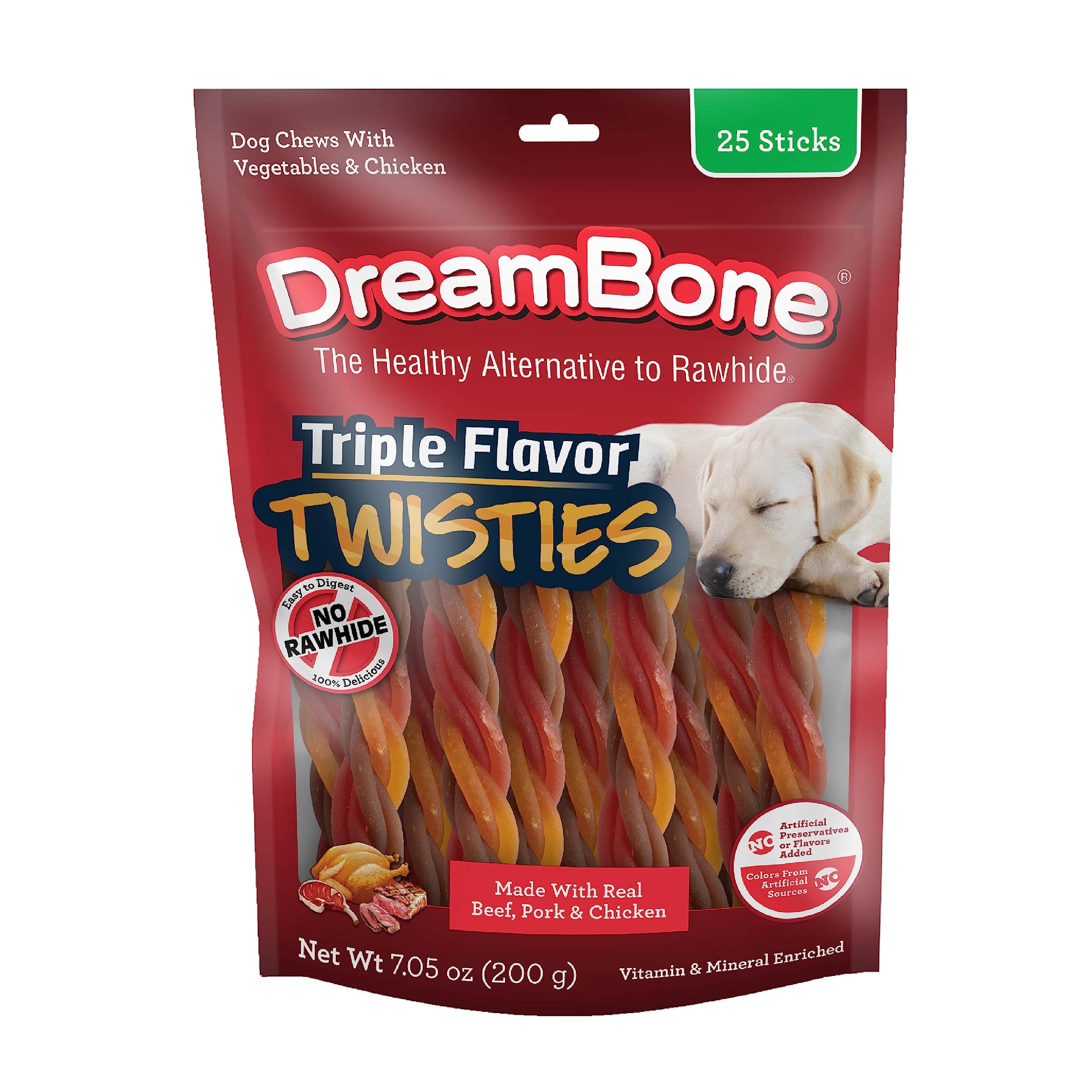 Dreambone Triple Flavor Twisties, 25 Count, Rawhide-Free Dog Chews Made with Real Beef, Pork & Chicken, 7.05 Ounce (Pack of 1)