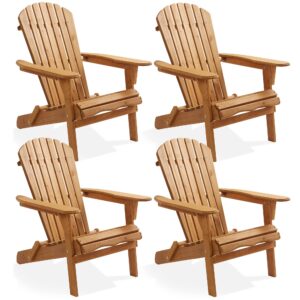 casafield folding adirondack chair, set of 4 cedar wood outdoor fire pit lounge chairs for patio, deck, yard, lawn and garden seating, partially pre-assembled - natural