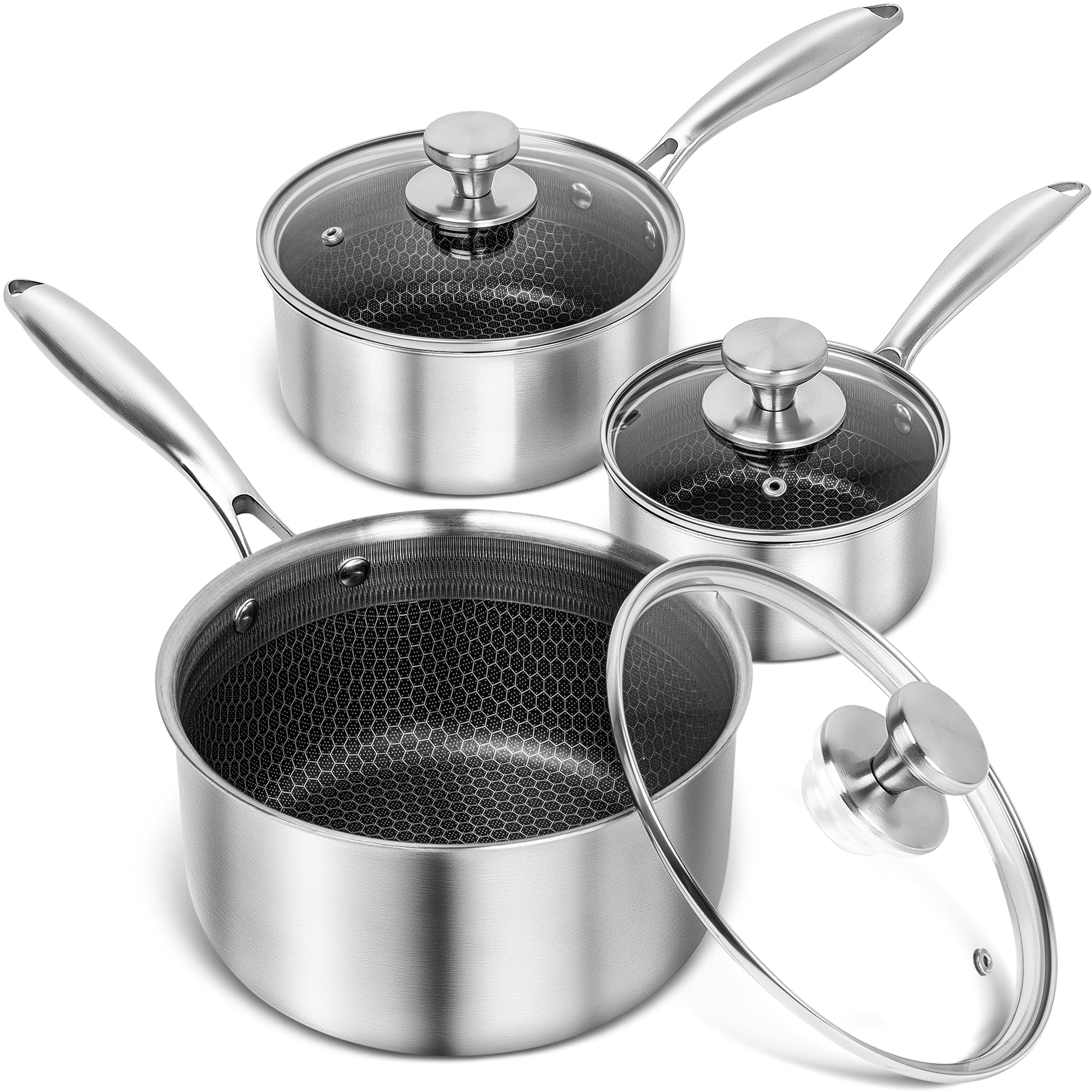 MICHELANGELO Stainless Steel Saucepan Set 1QT & 2QT & 3QT, Premium Triple Ply Sauce Pan with Lid, Sauce Pot with Honeycomb Interior - 6pcs