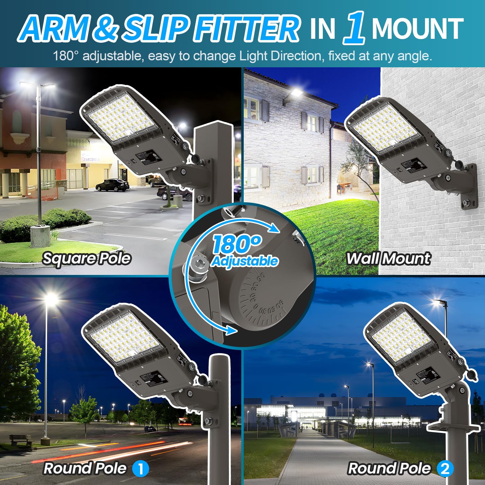 AKK LED Parking Lot light 200W 180W 150W Switchable, 32000LM 160LM/W 5000K LED Street Light, Dusk to Dawn Photocell LED Shoebox Light, Waterproof Commercial Area Lighting, Arm & Slip Fitter in 1 Mount