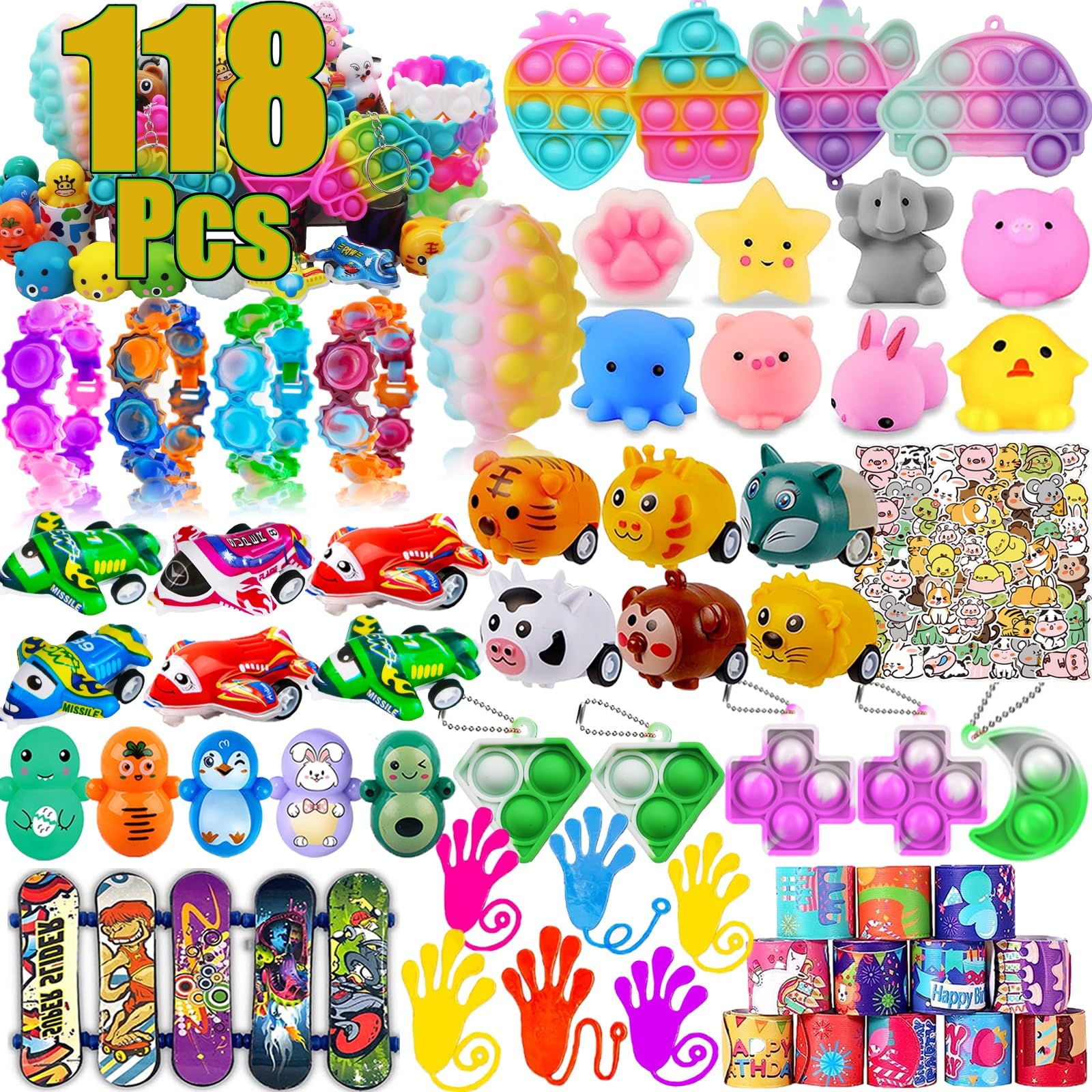 118 Pcs Party Favors for Kids, Pop Fidget Toys, Treasure Box Toys, Classroom Prizes, Pinata Filler Goodie Bag Stuffers, Treasure Chest, Carnival Prize Box Toys for Boys Girls 4-8-12