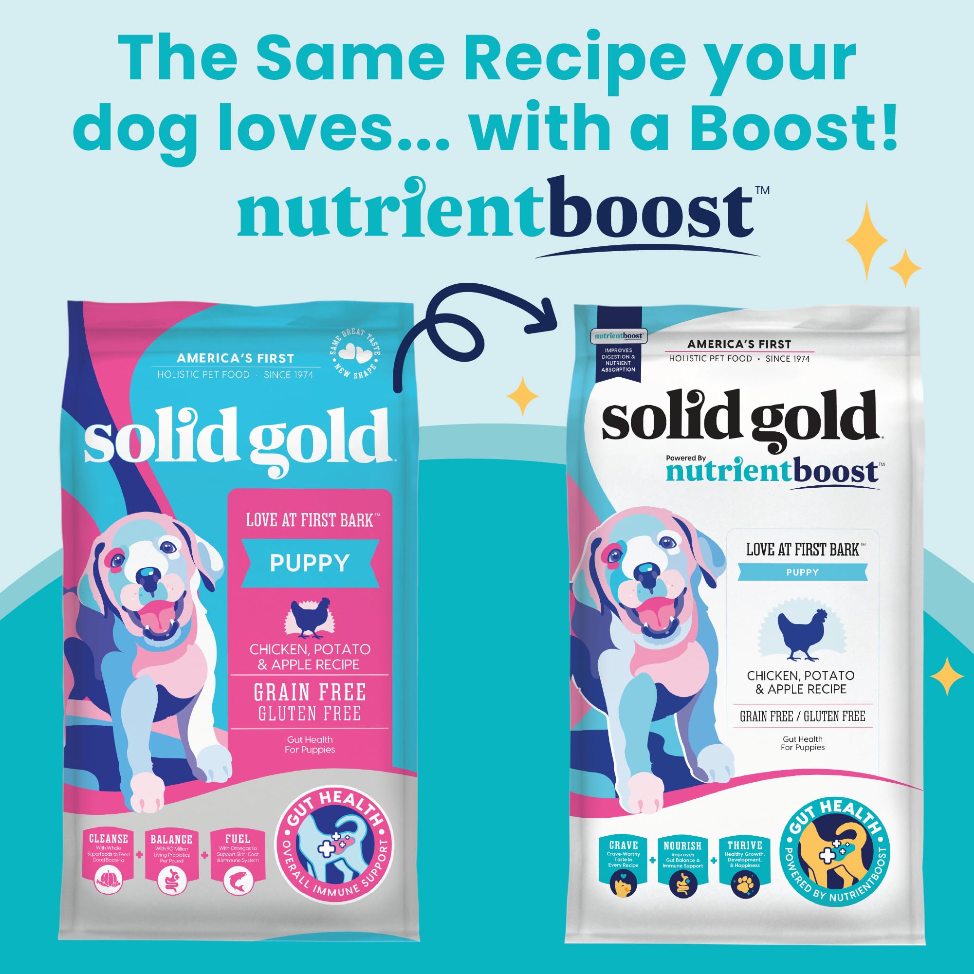 Solid Gold Dry Puppy Food w/Nutrientboost - Made with Real Chicken & Nutritious Superfoods - Love at First Bark Grain Free Puppy Dry Food for Healthy Growth, Energy and Gut Wellness - 3.75 LB Bag