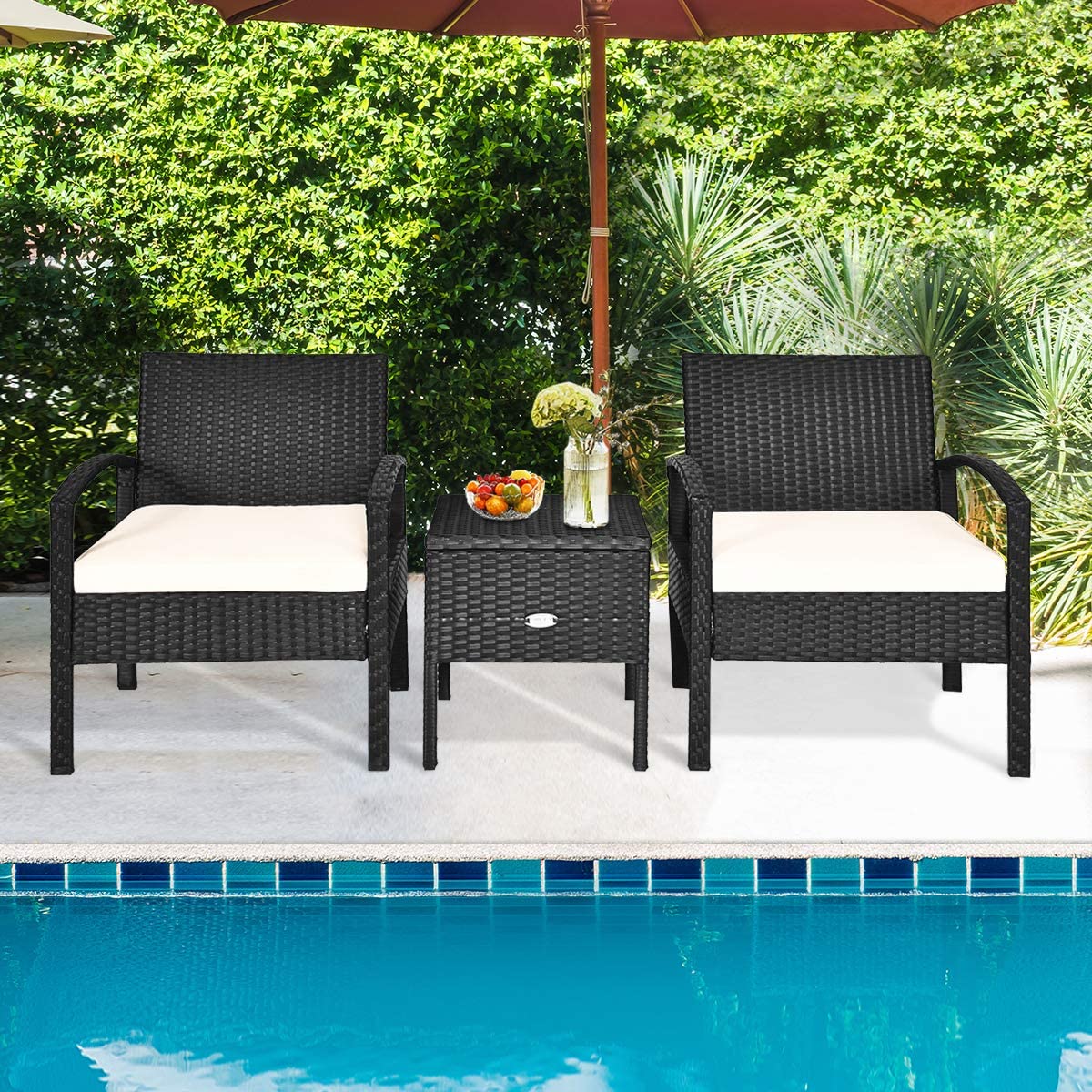 HAPPYGRILL 3 Pieces Patio Furniture Set Rattan Wicker Sofa Set with Removable Cushions and Coffee Table, Outdoor Conversation Bistro Chairs Set with Storage Table for Garden Poolside Balcony