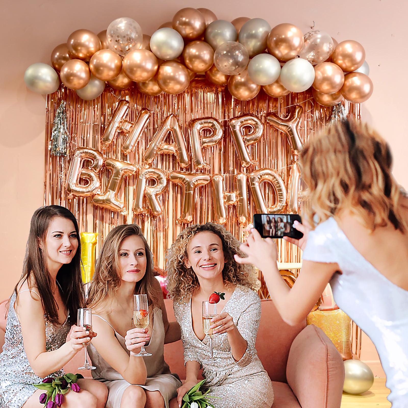 Rose Gold birthday decorations for women ，happy birthday party decorations for girls，Rose Gold Fringe Curtain，happy birthday banner，happy birthday balloon，happy birthday balloon letters