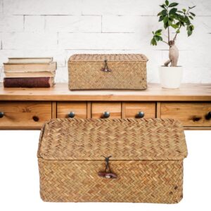 LAVEN Woven Rectangular Basket Bins, Simple Seagrass Storage Basket with Lid for Office (M)