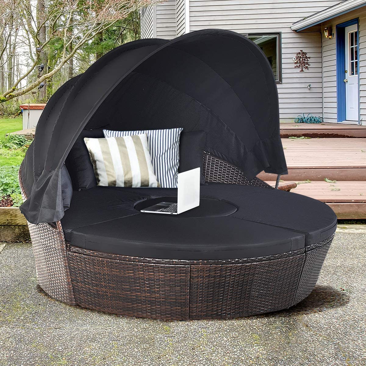 HAPPYGRILL Patio Daybed with Canopy Outdoor Furniture Set Sofa Set Rattan Wicker Round Daybed with Soft Cushions Coffee Table for Patio Backyard Poolside