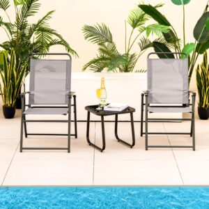 Tangkula Patio Folding Dining Chairs Set of 4, Space-Saving Outdoor Sling Chairs with Armrest & Backrest, Triangular Frame, Footpads, Outdoor Patio Chairs for Balcony, Garden, Poolside (Gray)