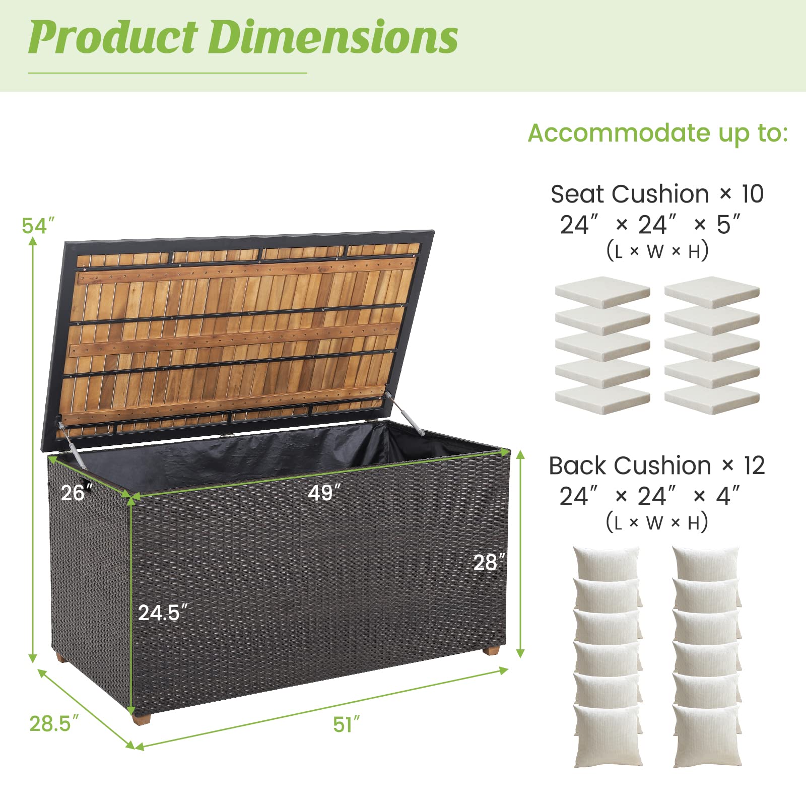 HAPPYGRILL 134 Gallon Rattan Deck Box, Patio Wicker Storage Box with Zippered Liner, Solid Acacia Wood Top & Feet, Effort-Saving Pneumatic Rod, Outdoor Storage Container for Porch Backyard