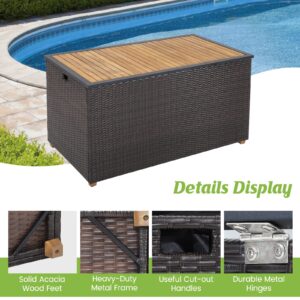 HAPPYGRILL 134 Gallon Rattan Deck Box, Patio Wicker Storage Box with Zippered Liner, Solid Acacia Wood Top & Feet, Effort-Saving Pneumatic Rod, Outdoor Storage Container for Porch Backyard