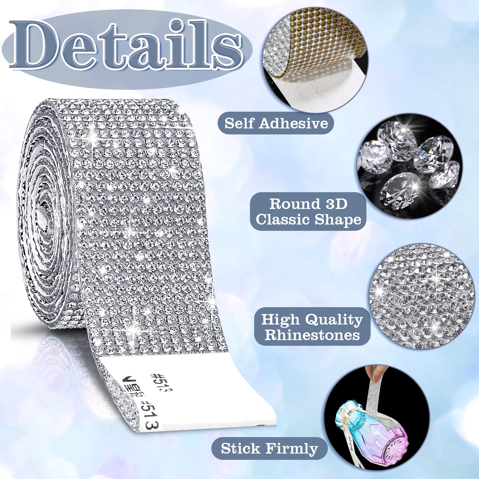 Cludoo 3 Rolls Rhinestone Ribbons, Silver Self Adhesive Rhinestone Strips, Diamond Rhinestone Roll Rhinestone Tape Bling Wrap, Bling Stickers Rhinestones for Crafts Decoration Car DIY Wedding Party