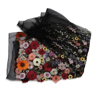 Multicolor 3D Flowers Heavy Embroidery Lace Floral Fabric for Sewing Dresses (Black Background, 1 Yard)