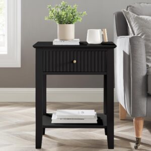 OCANDO Fluted Black Nightstand, 1 Drawer Bedroom 19” Night Stand, Small Bed Side End Table with Storage Shelf for Living Room, Sofa Couch