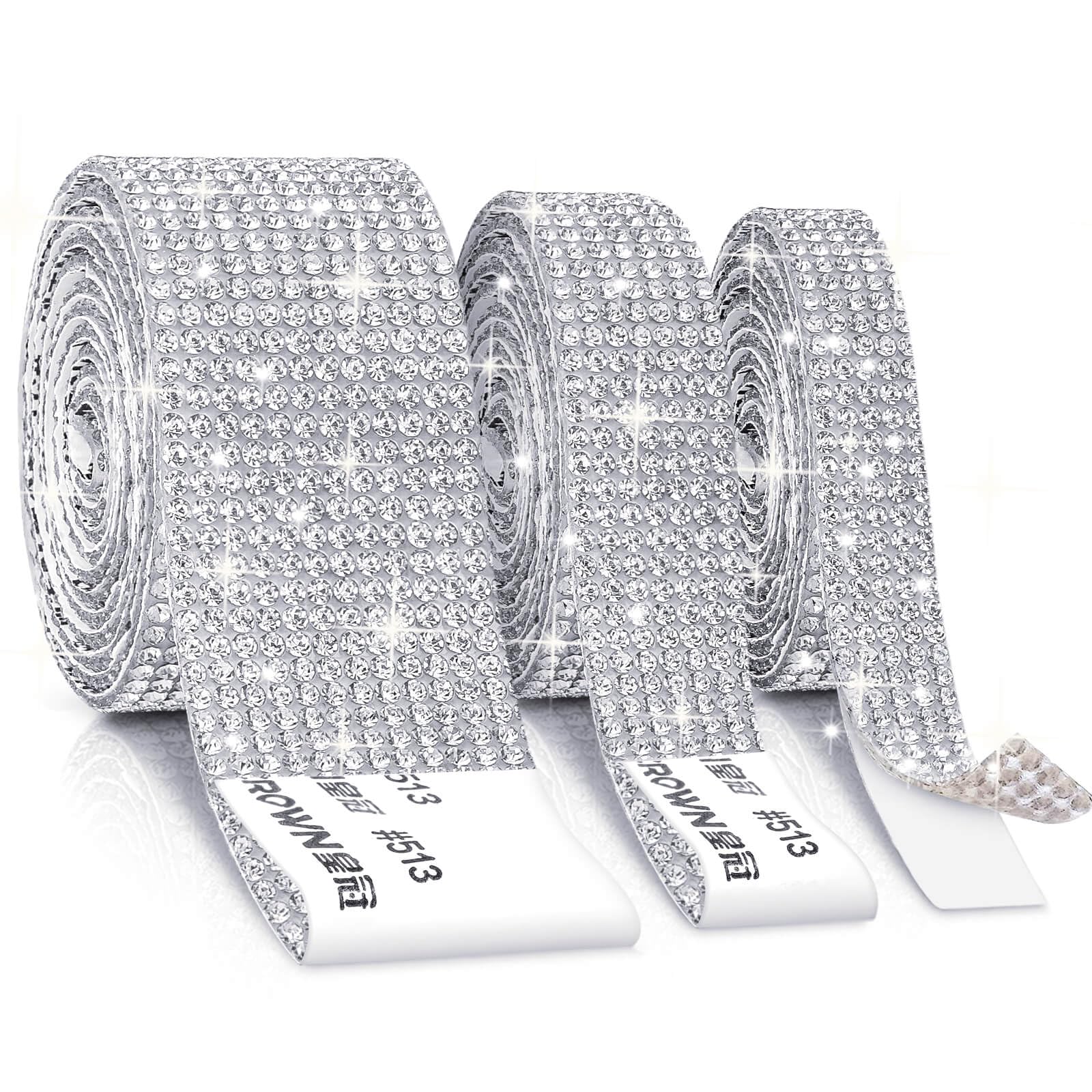 Cludoo 3 Rolls Rhinestone Ribbons, Silver Self Adhesive Rhinestone Strips, Diamond Rhinestone Roll Rhinestone Tape Bling Wrap, Bling Stickers Rhinestones for Crafts Decoration Car DIY Wedding Party