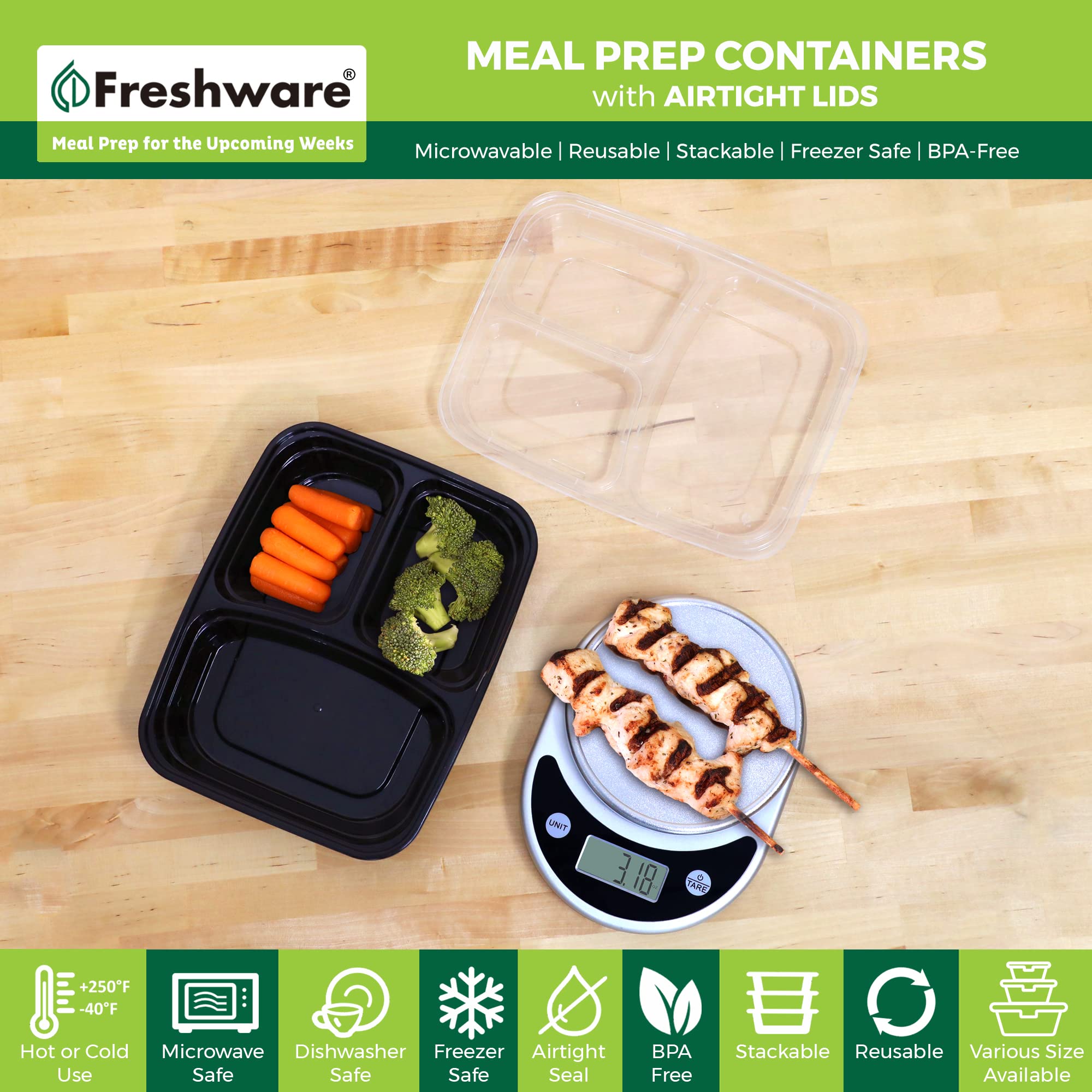 Freshware Meal Prep Containers with Lids [15 Pack] 3 Compartment, Food Storage Containers, Bento Box, BPA Free, Stackable, Microwave/Dishwasher/Freezer Safe (32 oz)