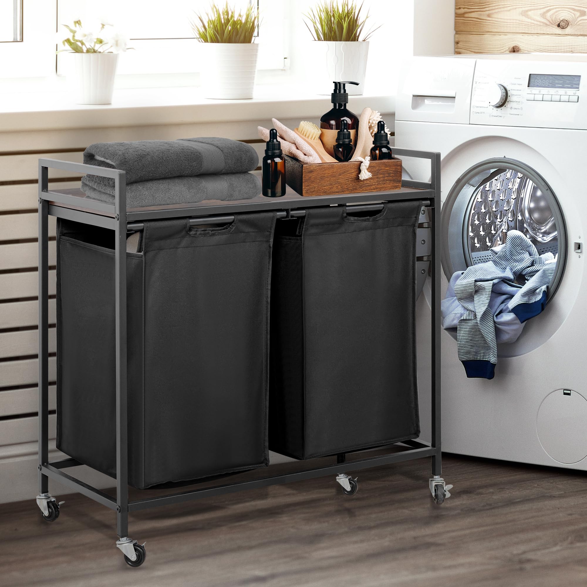 Laundry Basket with Wheels Metal Frame Laundry Hamper with Storage Shelf and 3 * 11Gal/41L Pull-Out Removable Bag Laundry Sorter Cart large Capacity Cloth Organization for Laundry Room Bathroom