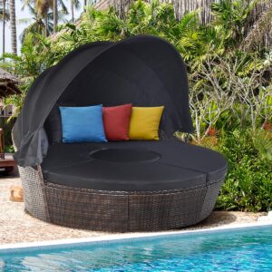 HAPPYGRILL Patio Daybed with Canopy Outdoor Furniture Set Sofa Set Rattan Wicker Round Daybed with Soft Cushions Coffee Table for Patio Backyard Poolside