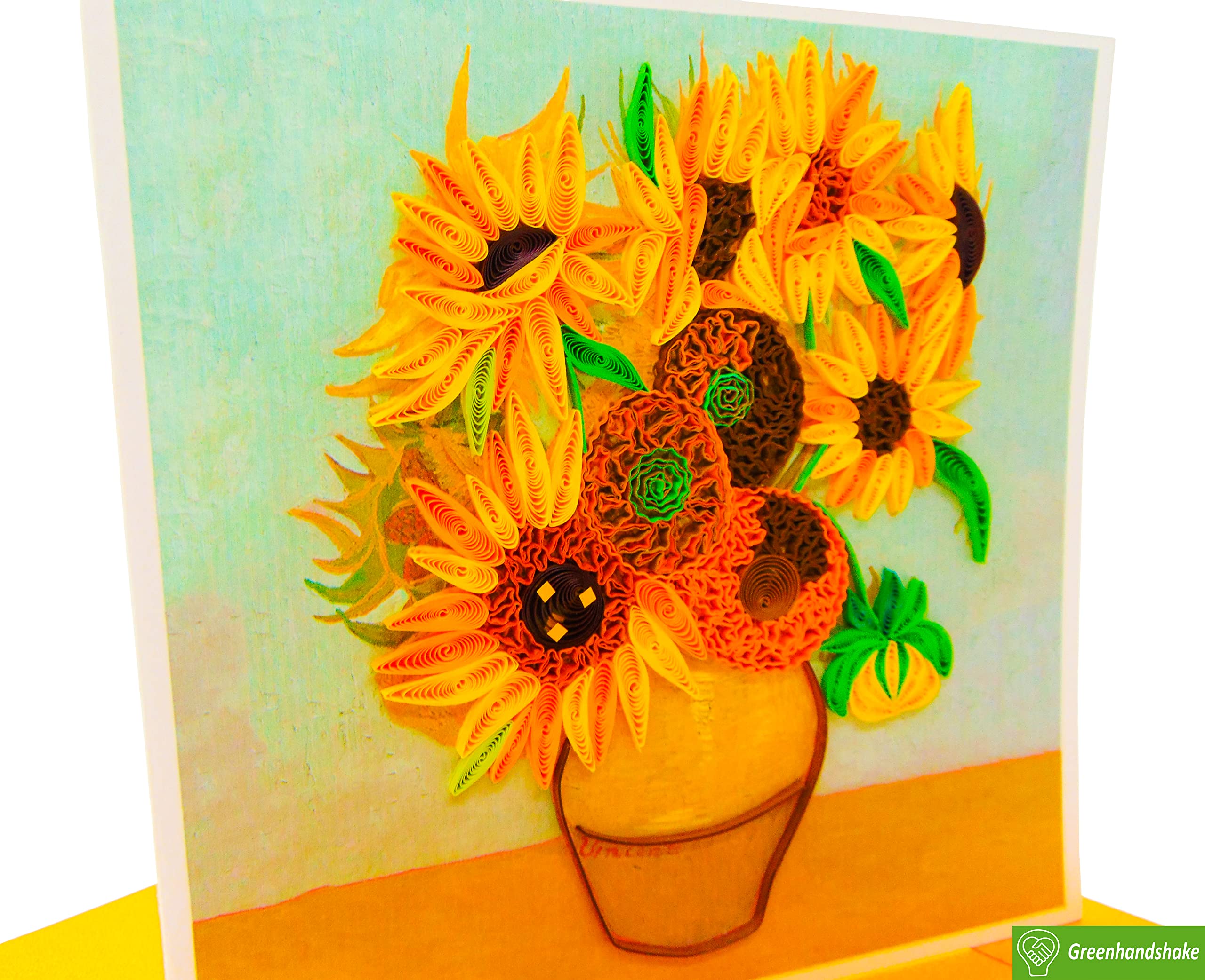 GREENHANDSHAKE Van Gogh's Vase with Sunflowers (1888) Quilling Art Greeting Card,Design Greeting Card for Birthday, Valentine's Day, Get Well, All Occasion. Framable Artwork for Art Lovers