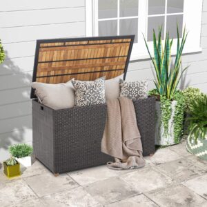 HAPPYGRILL 134 Gallon Rattan Deck Box, Patio Wicker Storage Box with Zippered Liner, Solid Acacia Wood Top & Feet, Effort-Saving Pneumatic Rod, Outdoor Storage Container for Porch Backyard