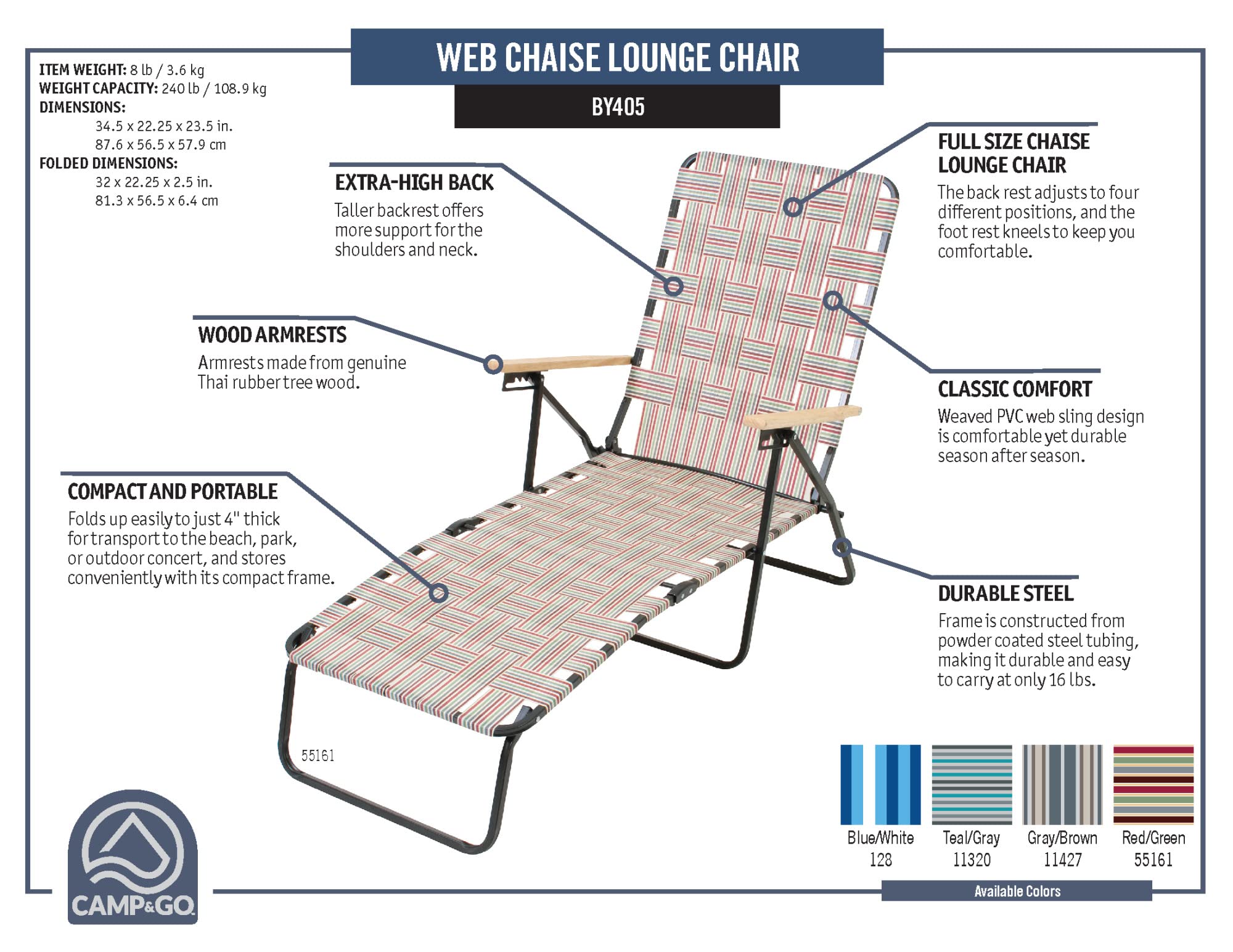 CAMP & GO Steel Folding Grey Outdoor Patio/Camping Chair with Blue Woven Fabric and Arm Rests (Pack of 2)