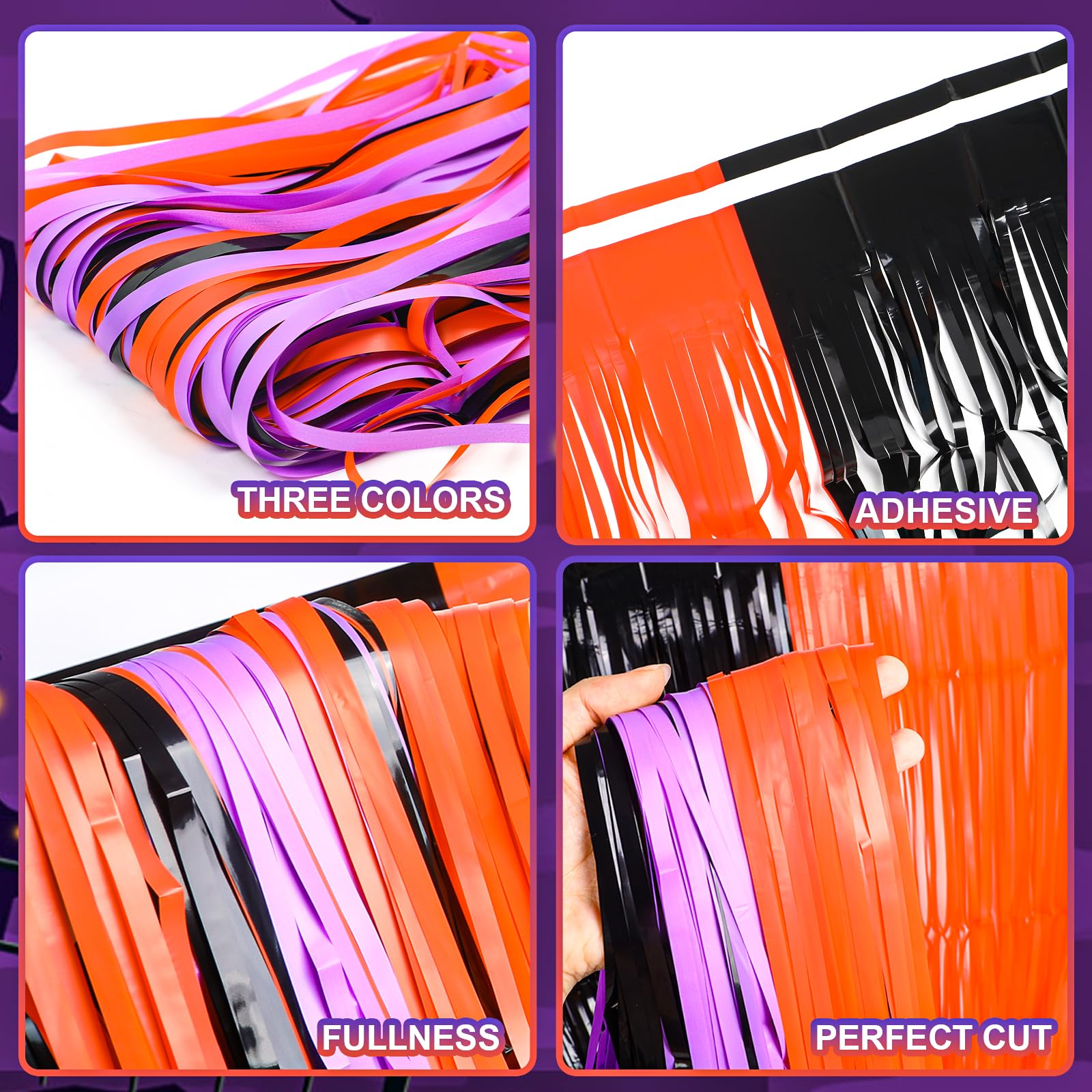 FOIMAS 3 Pack Halloween Tinsel Foil Fringe Curtain,3.3x6.6ft Black Orange Purple Tinsel Fringe Streamers Photo Booth Prop for Halloween Party Decoration Back Drop