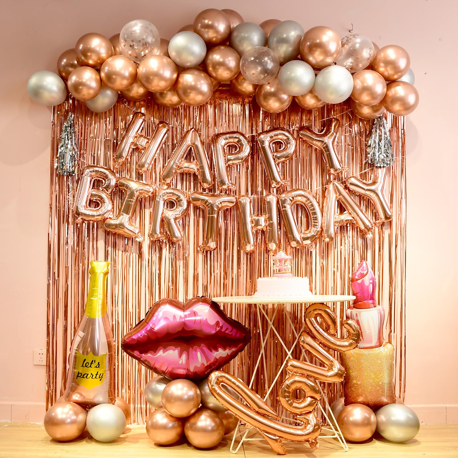 Rose Gold birthday decorations for women ，happy birthday party decorations for girls，Rose Gold Fringe Curtain，happy birthday banner，happy birthday balloon，happy birthday balloon letters