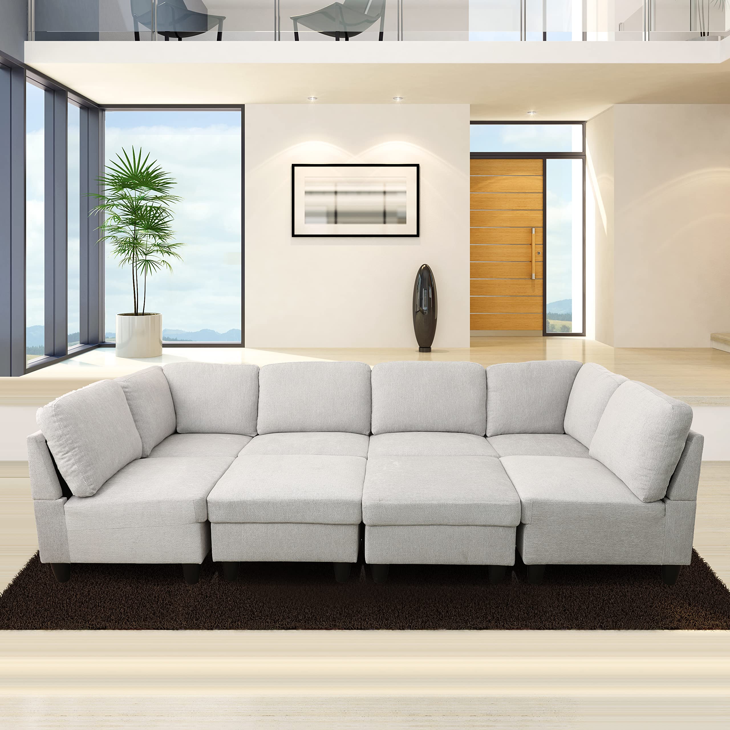 Beverly Fine Furniture Salina 8-Piece Upholstered U-Shape Modular Sectional Sofa, White Grey