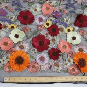 Multicolor 3D Flowers Heavy Embroidery Lace Floral Fabric for Sewing Dresses (Black Background, 1 Yard)