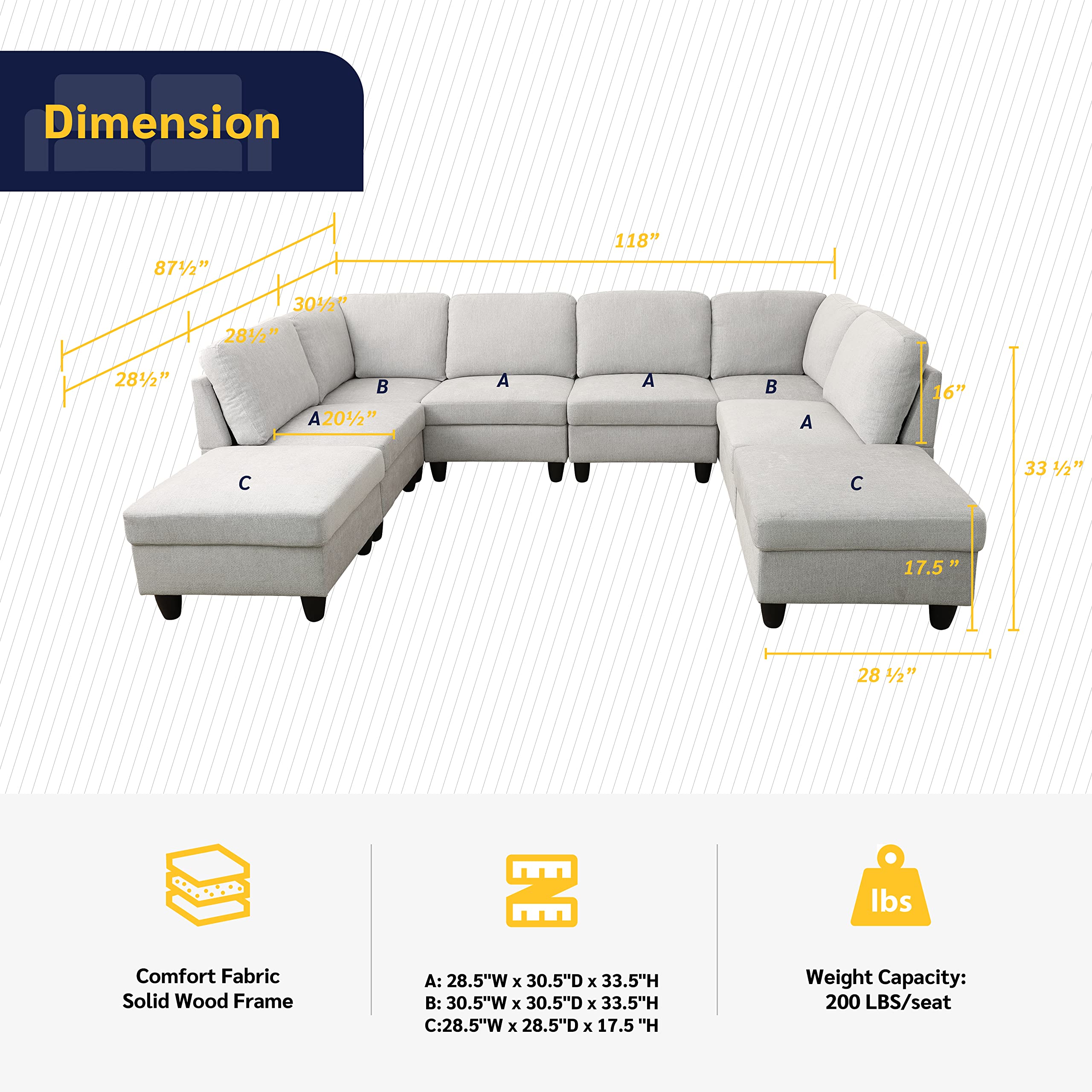 Beverly Fine Furniture Salina 8-Piece Upholstered U-Shape Modular Sectional Sofa, White Grey