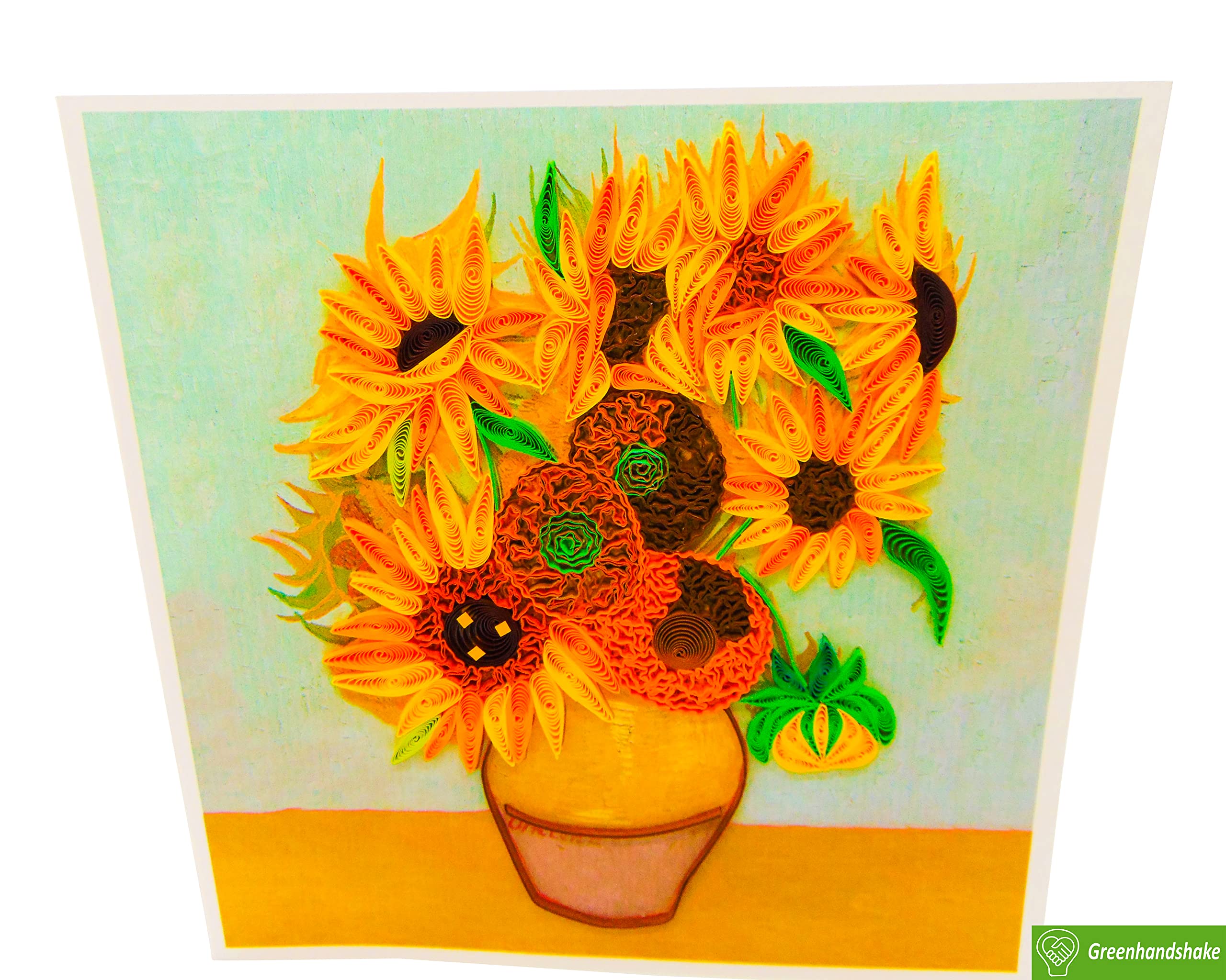 GREENHANDSHAKE Van Gogh's Vase with Sunflowers (1888) Quilling Art Greeting Card,Design Greeting Card for Birthday, Valentine's Day, Get Well, All Occasion. Framable Artwork for Art Lovers