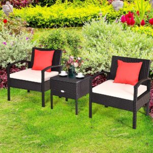 HAPPYGRILL 3 Pieces Patio Furniture Set Rattan Wicker Sofa Set with Removable Cushions and Coffee Table, Outdoor Conversation Bistro Chairs Set with Storage Table for Garden Poolside Balcony