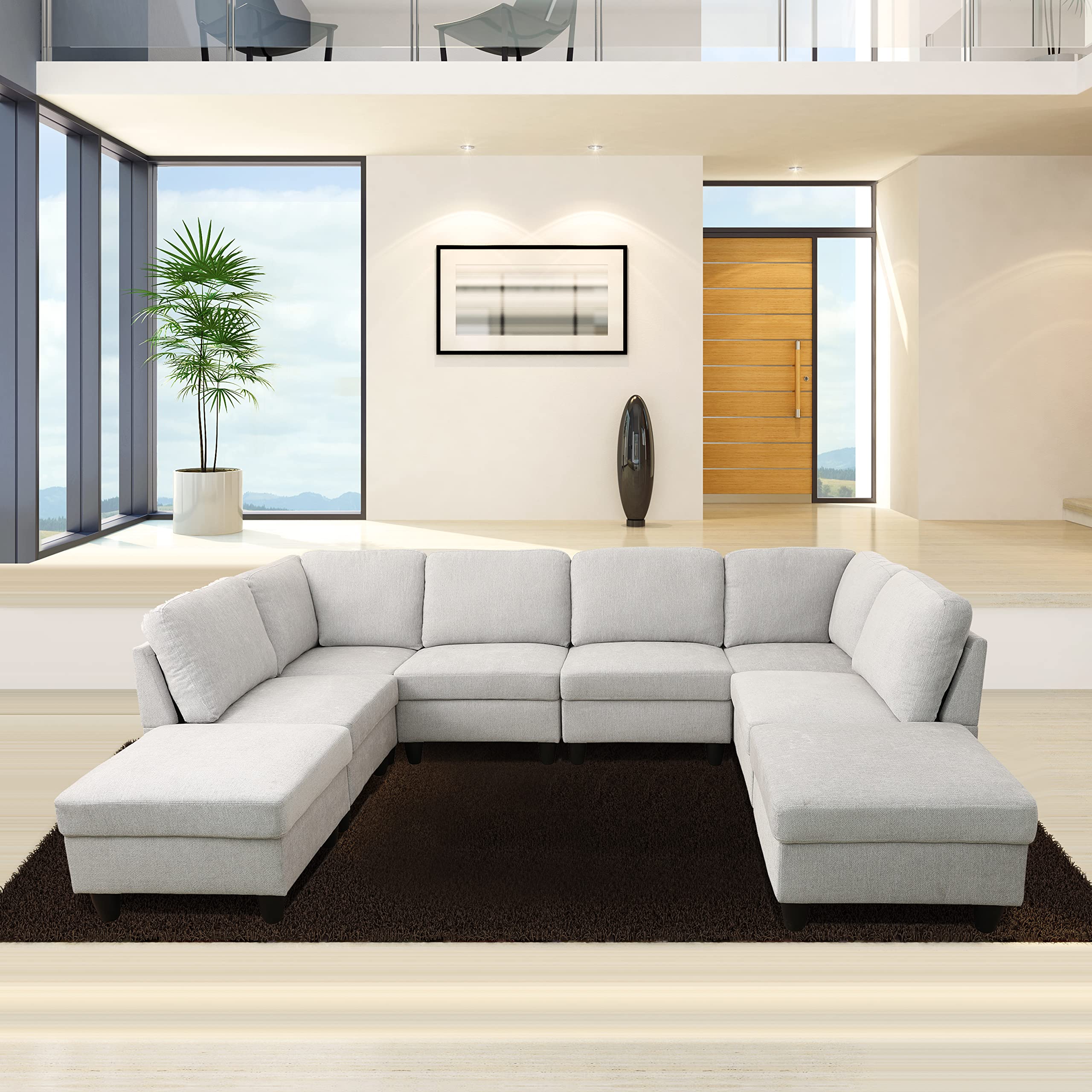 Beverly Fine Furniture Salina 8-Piece Upholstered U-Shape Modular Sectional Sofa, White Grey