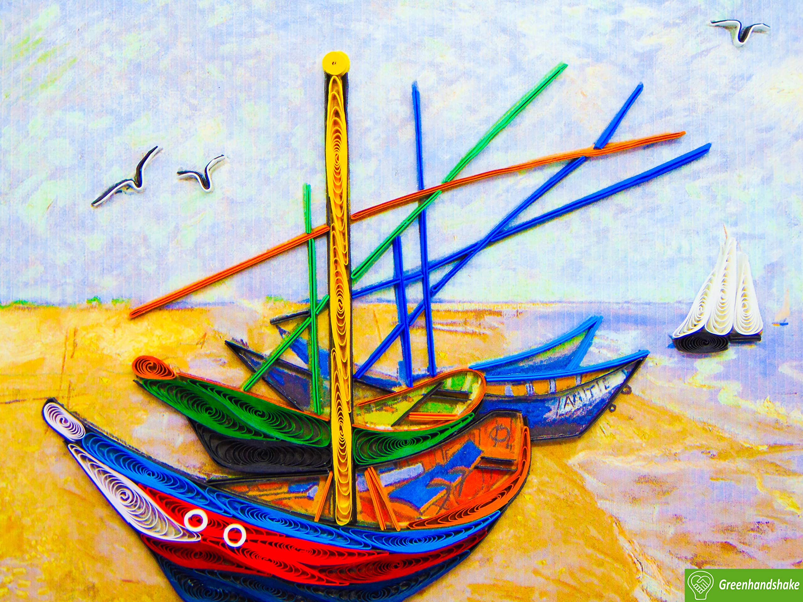 GREENHANDSHAKE Van Gogh Fishing Boats on the Beach (1888) Quilling Art Greeting Card,Design Greeting Card for Birthday, Valentine's Day, Get Well, All Occasion. Framable Artwork for Art Lovers