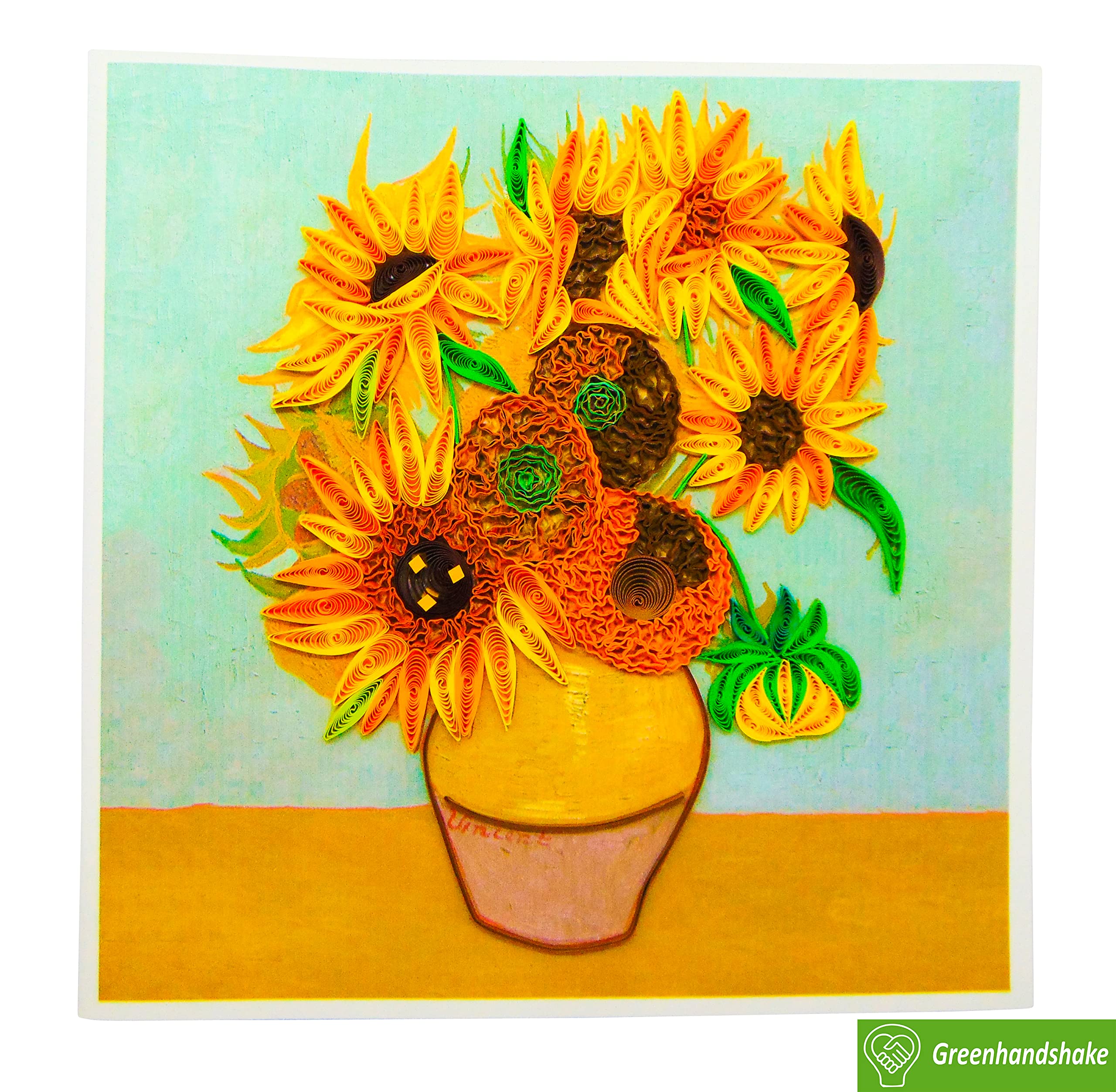 GREENHANDSHAKE Van Gogh's Vase with Sunflowers (1888) Quilling Art Greeting Card,Design Greeting Card for Birthday, Valentine's Day, Get Well, All Occasion. Framable Artwork for Art Lovers