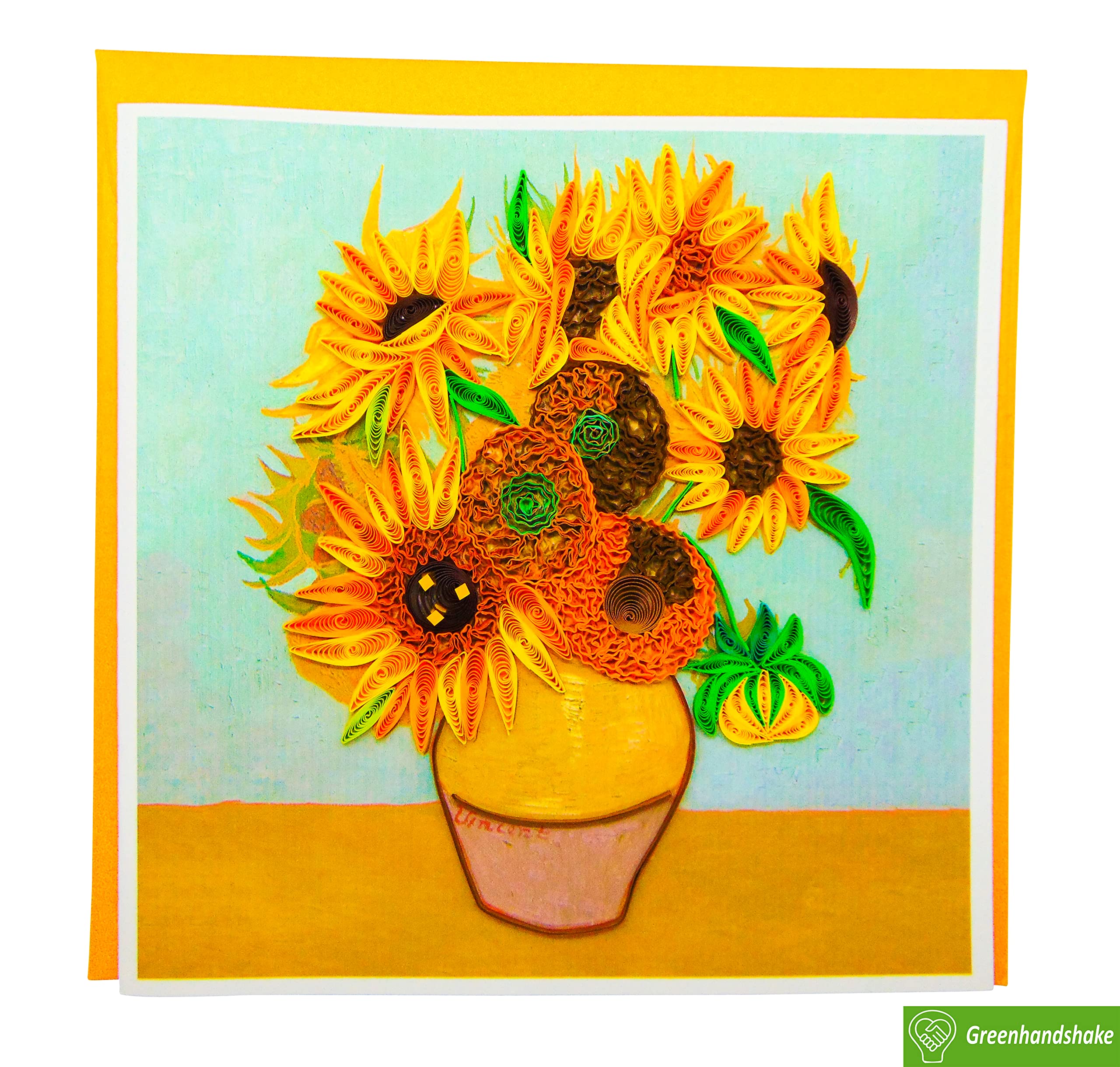 GREENHANDSHAKE Van Gogh's Vase with Sunflowers (1888) Quilling Art Greeting Card,Design Greeting Card for Birthday, Valentine's Day, Get Well, All Occasion. Framable Artwork for Art Lovers